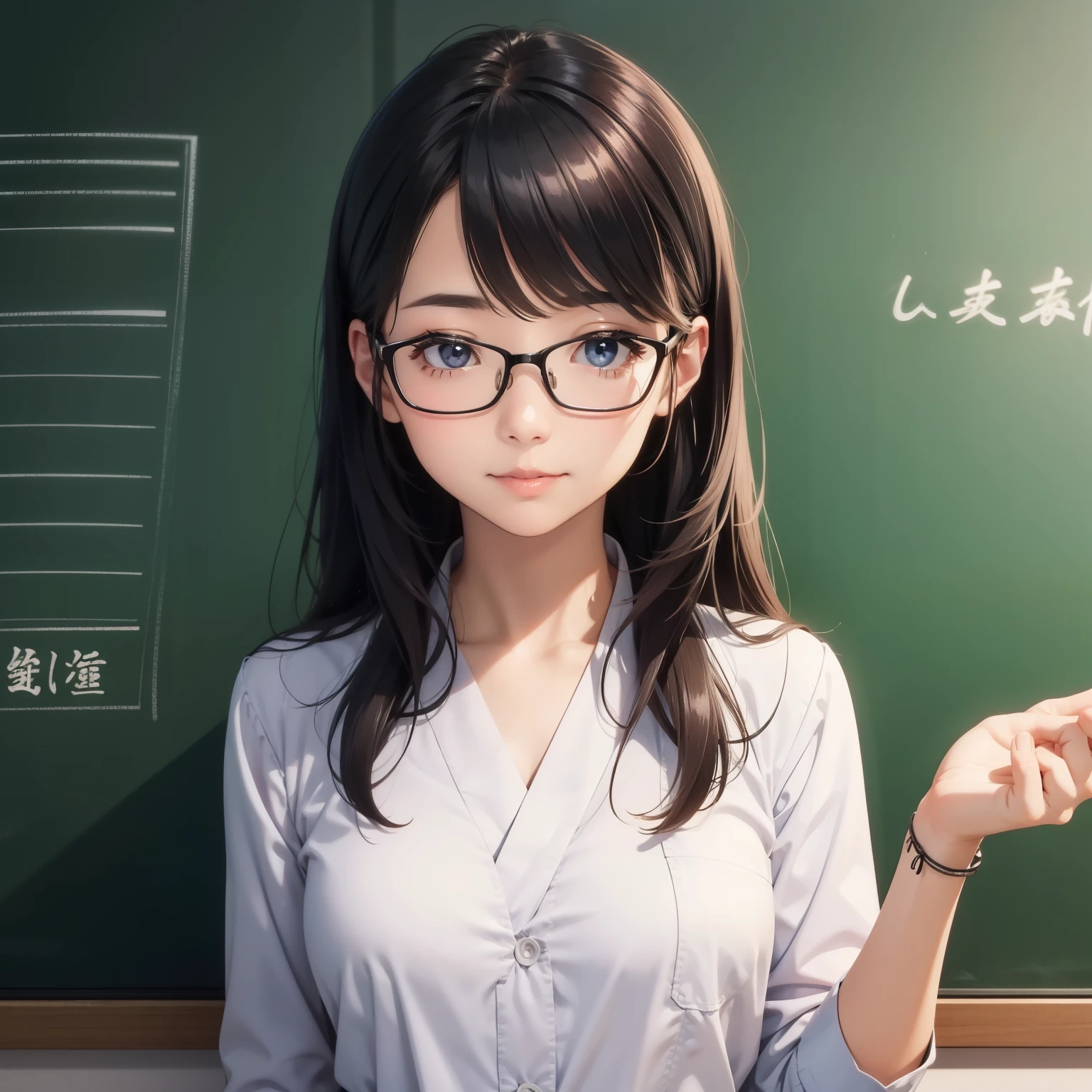 realistic pictures、30 year old female、Asian、Glasses、Gentle Eyes Suit、Write your name on the blackboard in a school classroom、Japanese teacher