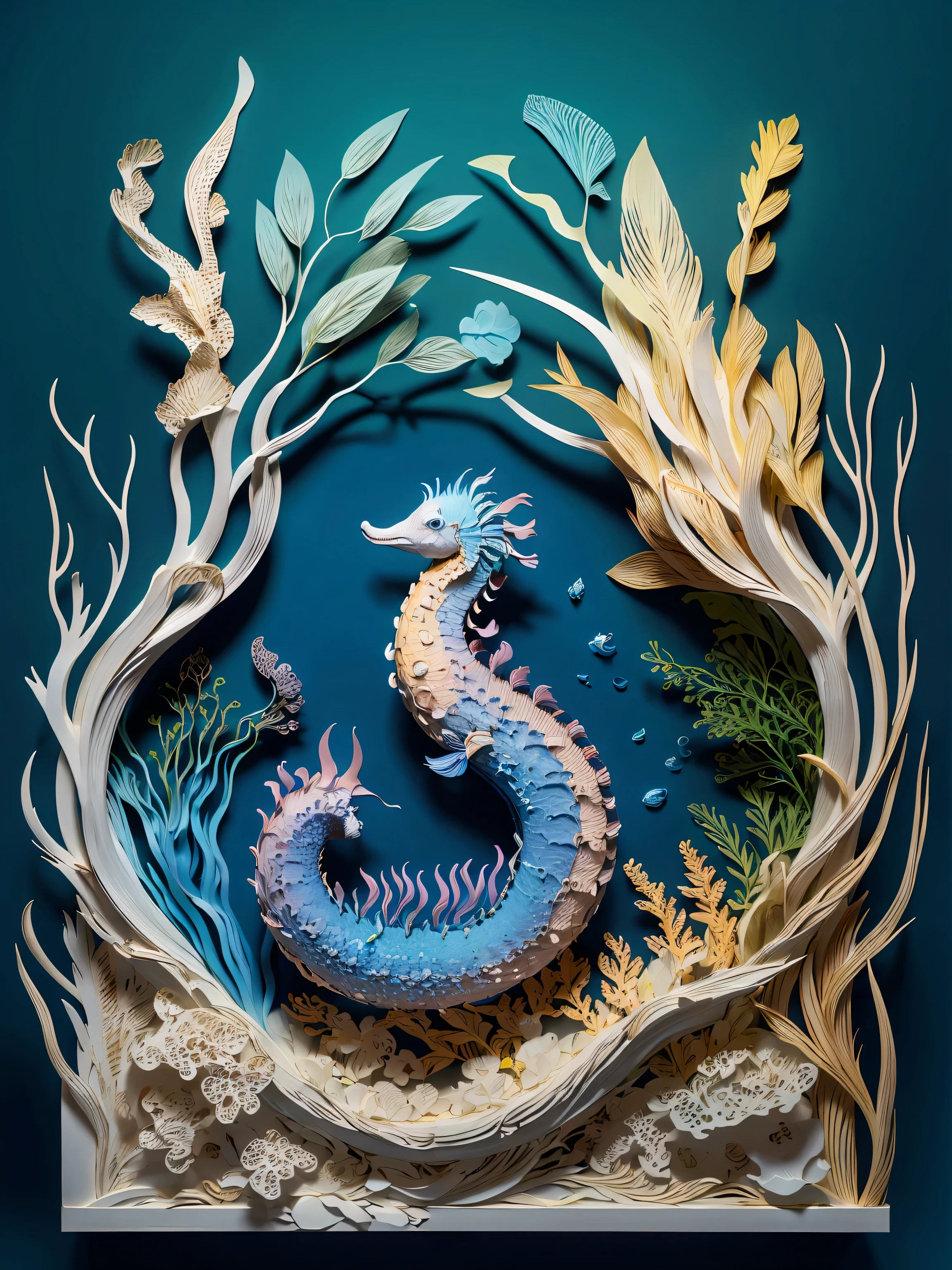 3D relief of a pastel seahorse surrounded by plants and seaweed., high definition, seamless, Aluminum, color contrast.