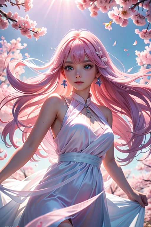 (CG unity 8K wallpaper extremely detailed) (better quality) (better lighting) (an extremely delicate and beautiful) (floating) (beautiful) (spring atmosphere) (1 girl) (pink long hair), (hair band), (detailed and beautiful blue eyes), ((very short white dress, pink race underside), (race), ((light transparent silk))), (cherry blossom petals), (butterfly), (degrees of freedom), (volume light) cinematic lighting, chromatic aberration, Sony FE manager, rough skin, advanced details, High resolution, 8K