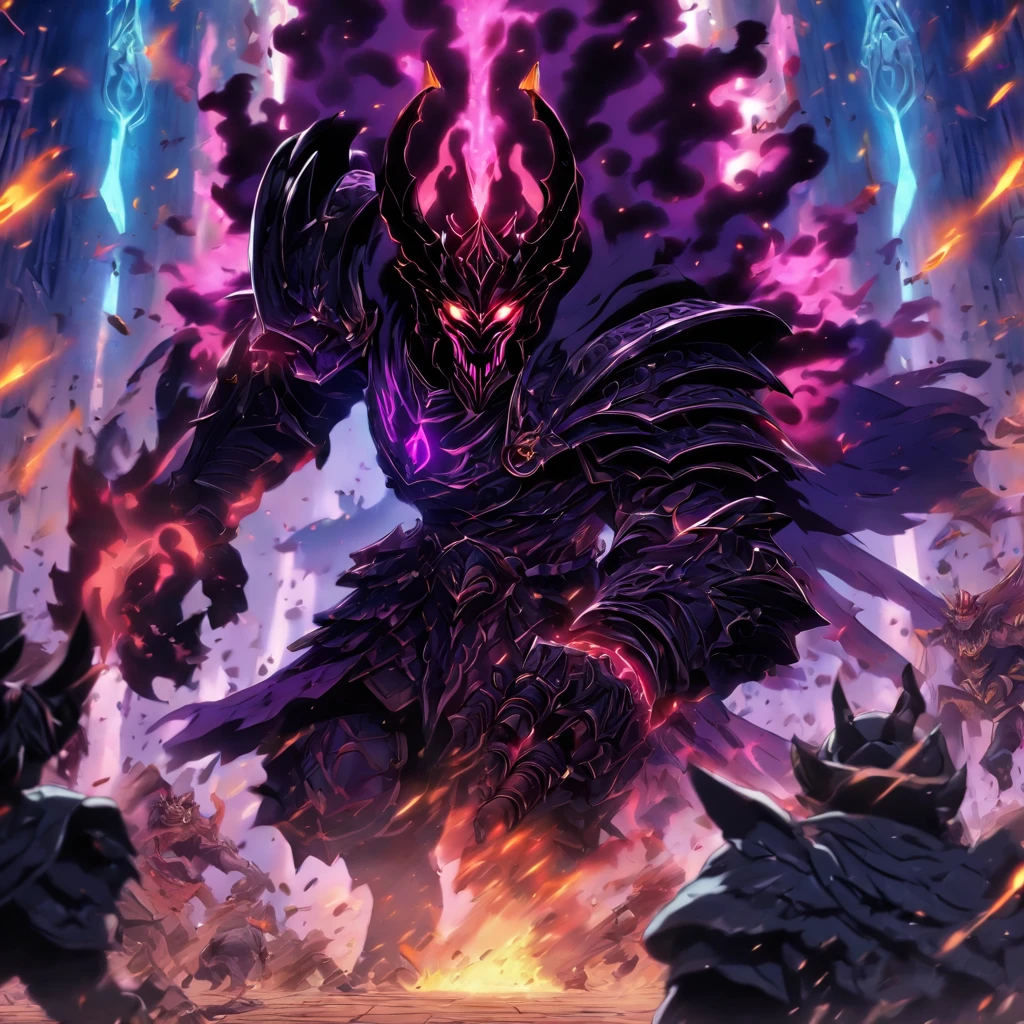 An arakocra dark paladin wearing living dark armor dive attacking into a demon pit 