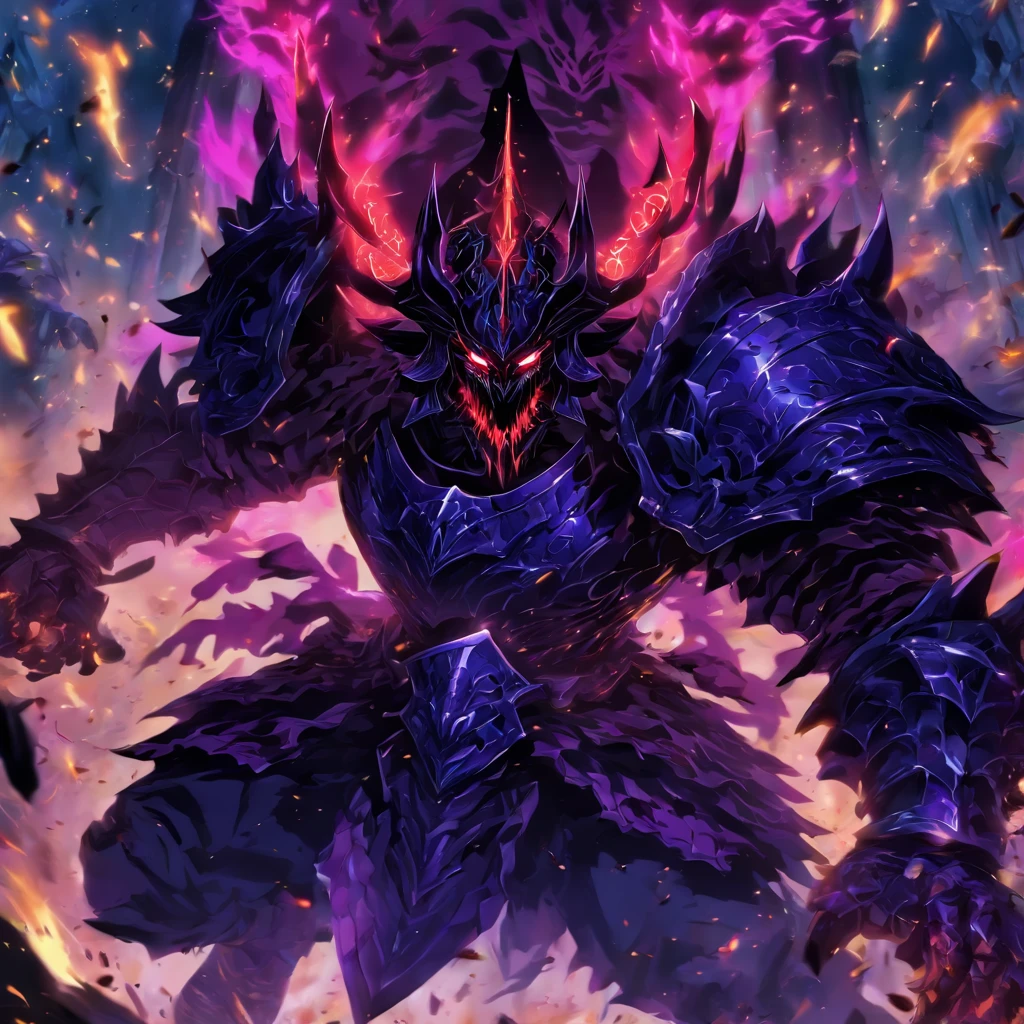 An arakocra dark paladin wearing living dark armor dive attacking into a demon pit 