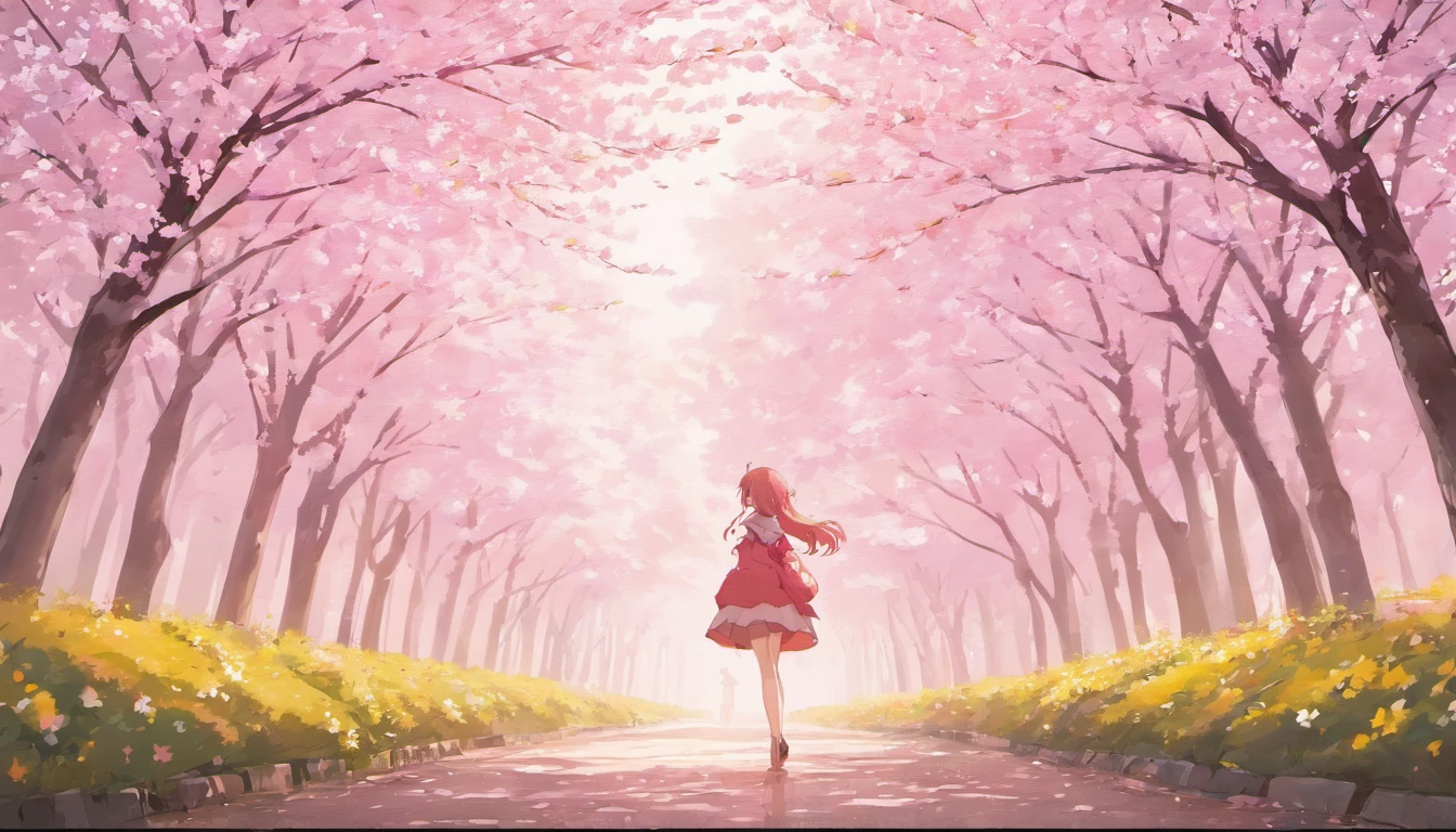 (white background:1.4),(Cherry blossom tree-lined path,Silhouette of a girl, close your eyes, colorful long hair, ),( reasonable design, clear lines, High sharpness,highest quality, very detailed, masterpiece, movie lighting effects, 4k )pure white background,No expression,cold eyes,Cherry Blossom,Scenic center