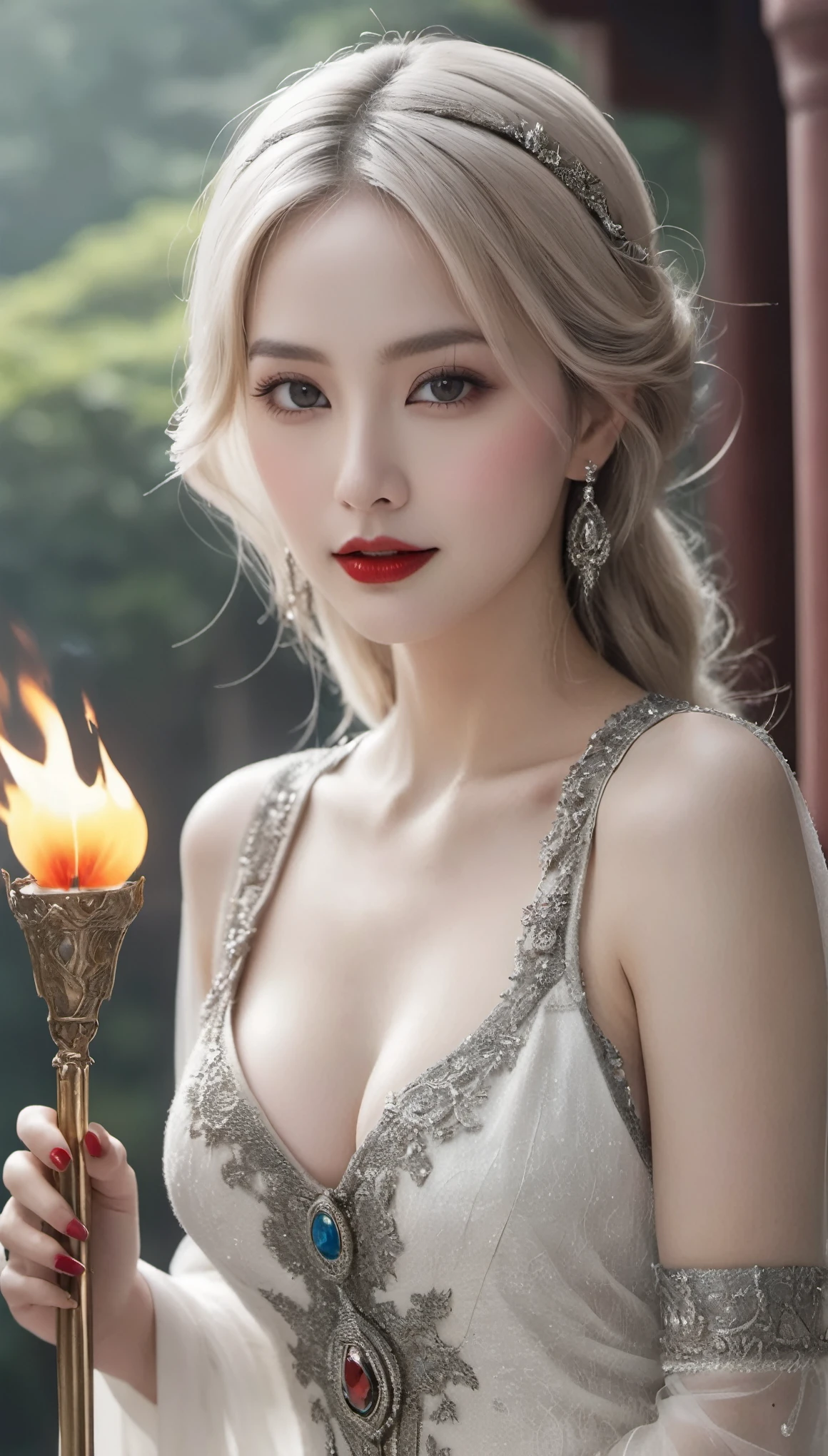 (((surreal woman)))、((very beautiful 30 year old white woman))、(((Big big cleavage)))、のWitch girl、blonde mature、plump body shape、smile、middle-aged beauty 、Very delicate and delicate skin texture、Witch girl、{(ancient ornate and luxurious temple)、(many torches are burning)}、red lips、fine scarlet eyes、(((Luxury and gorgeous silver outfit and luxurious accessories)))、I have a shining platinum wand、