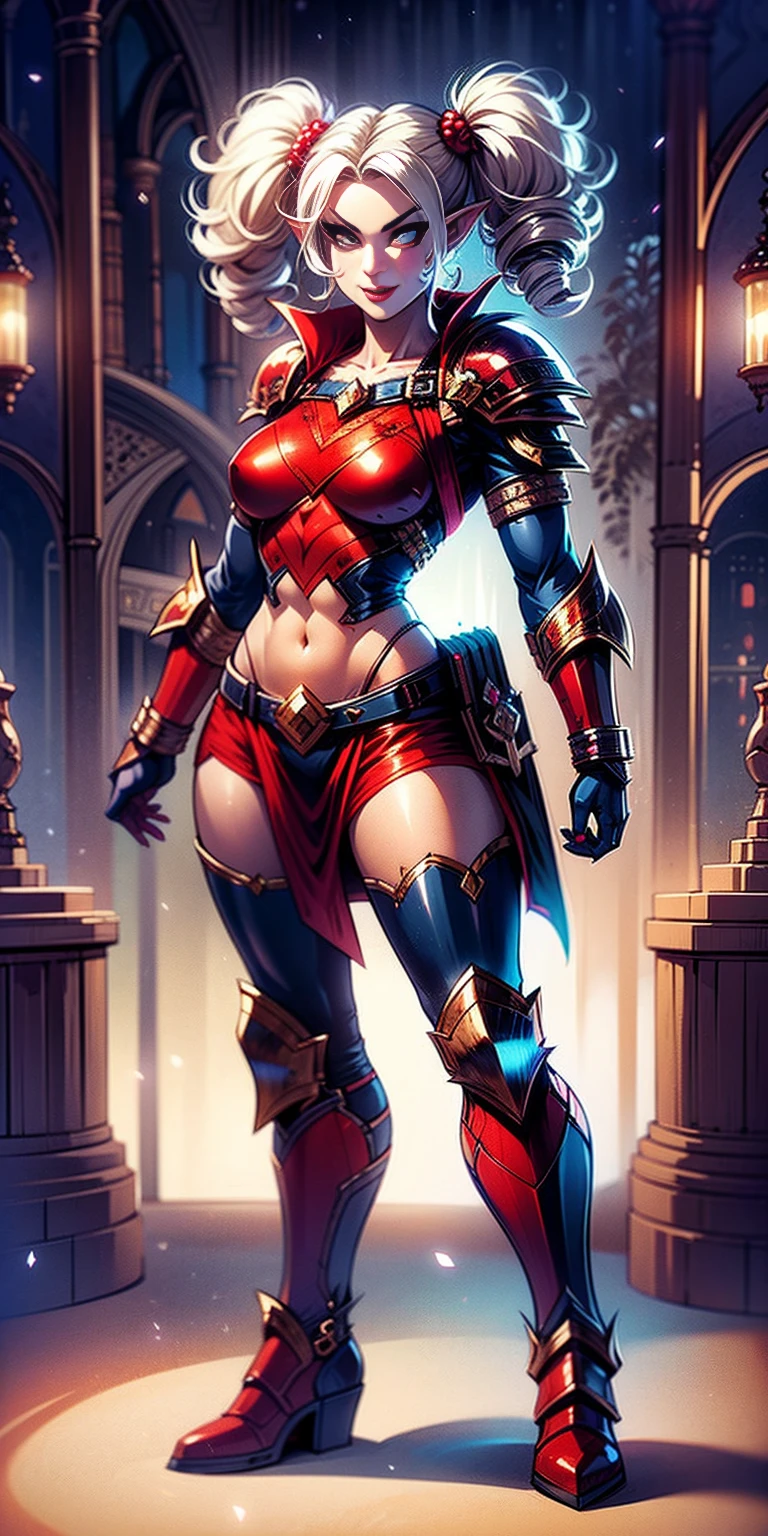 full body, def_effie, RED breastplate, RED skin, looking at viewer, shiny,armor, thighhighs, high boots,shoulder armor, faulds, poleyn, gloves, gauntlets, Rerebrace armored boots, pauldrons,(masterpiece, best quality, ultra-detailed, best shadow) yordle (1girl)( RED skin:1.2) pointy ears muscular lean platinum blonde long twin-tails hairstyle at the office lustful smirking smile face red blushed, blush, strong abs, female body builder, tiara, twin drills hair