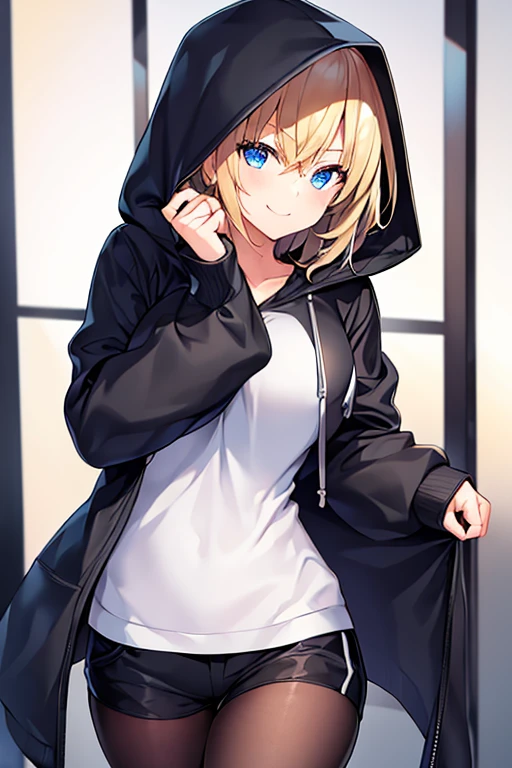 1girl, hood, jacket, hooded jacket, hood on, hood up, blonde hair, large breasts, breasts, white jacket, black shirt, shirt, very short hair, pants, black pants, smile, toned, toned female, urban, mature female, tall, tall female