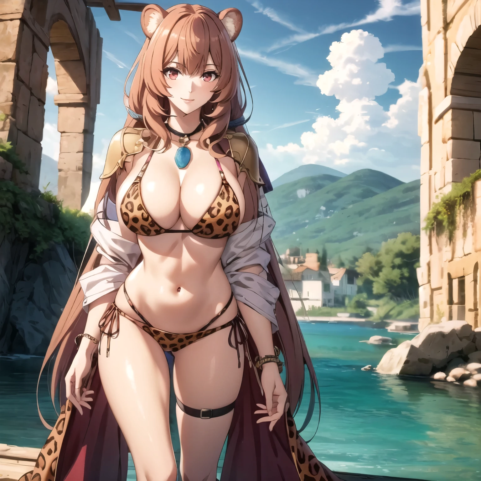 Raphtalia, atractiva mujer. orejas de oso, cabello naranja brillante, red eyes like rubies, pechos grandes, pink leopard print bikini, accesorios, sonrisa, pechos grandes, alta calidad. fondo un lago. 