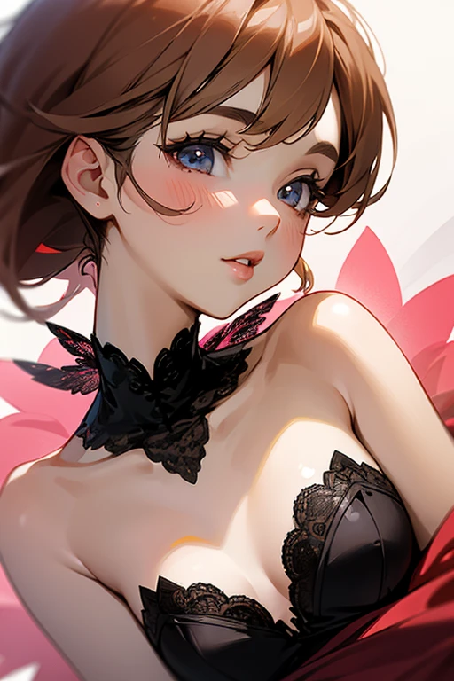 show me your face、Please show me the amount、、kind and beautiful woman, half body photo, delicate and sexy clavicle, attractive oval face, double eyelid, Smart peach blossom eyes, pink lips, small nose, bare shoulders, concentrated face, close up of face, ultra high resolution, Super detailed, elegant posture, Naughty black and red lace underwear、lure、