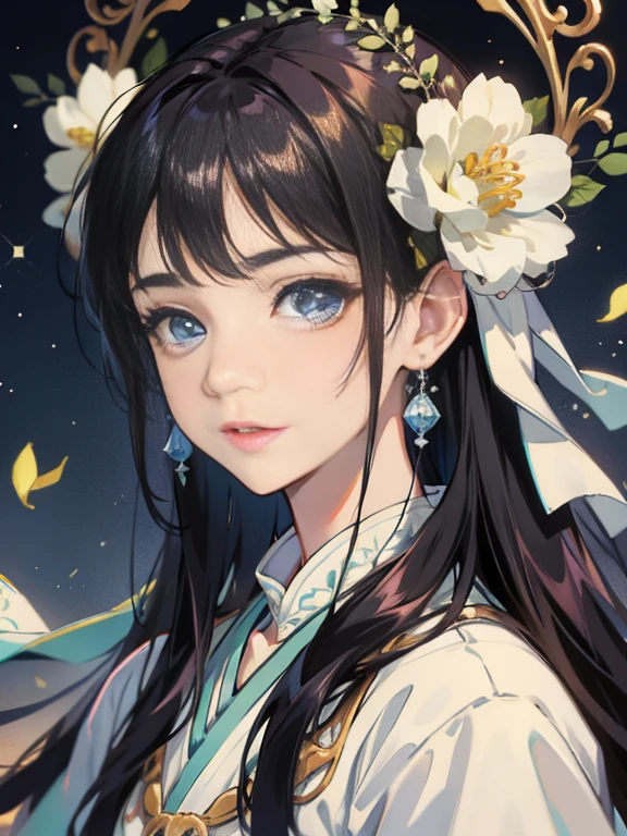 master piece,hyper quality, very detailed,perfect drawing,solo、mature woman、black haired、floating hair、delicate and wise eyes、Starry pupil、Intricate damask Hanfu、luxury accessories、wearing pearl earrings、fob、F1.8、masterpiece、complex scene、petals are flying、front portrait shot、