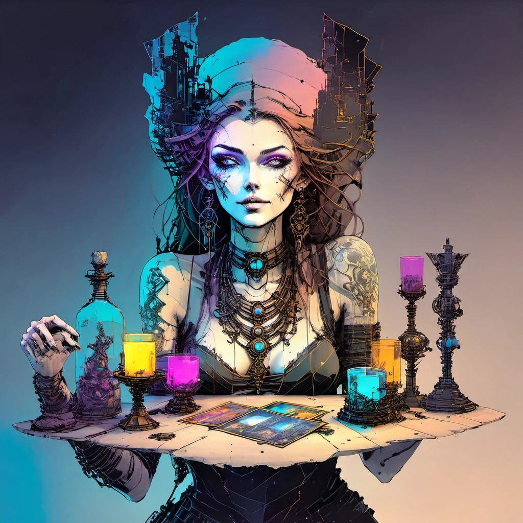 Double exposure sketch, ink styling, beautiful woman arranging tarot cards, mystical attire, makeup, Death and Jester cards juxtaposed with a trio of goblets superimposed onto a nocturnal sky, elements inspired by Philippe Vignal's work, neon glows, black abstract oil accents, mechanical gears in mecha design, acrylic detail complexity, grunge textures, intricate craftsmanship, Unreal, neon ambiance, abstract black oil, gear mecha, detailed acrylic, grunge, intricate complexity, rendered in unreal engine, photorealistic