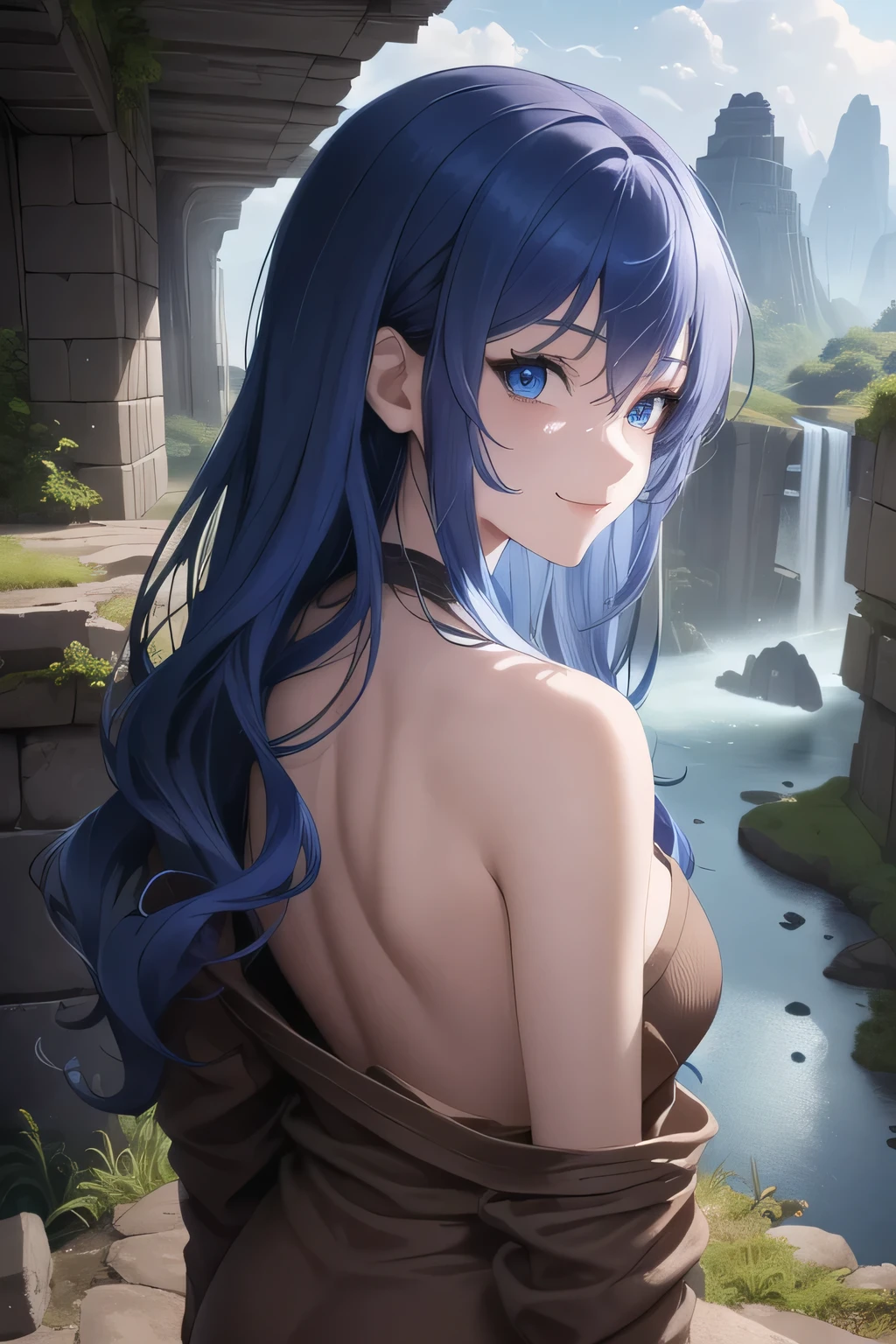 1girl, solo, upper body, from behind, cobalt blue hair, wavy long hair, beutiful, (princess face) 15 year old ager, blue eyes, looking at viewer, smile, brown sweater, collarbone, off shoulder, strapless, Ruins of a Jedi temple with river and waterfalls background. BROWN CLOTHES. ALMOST CURLY HAIR.