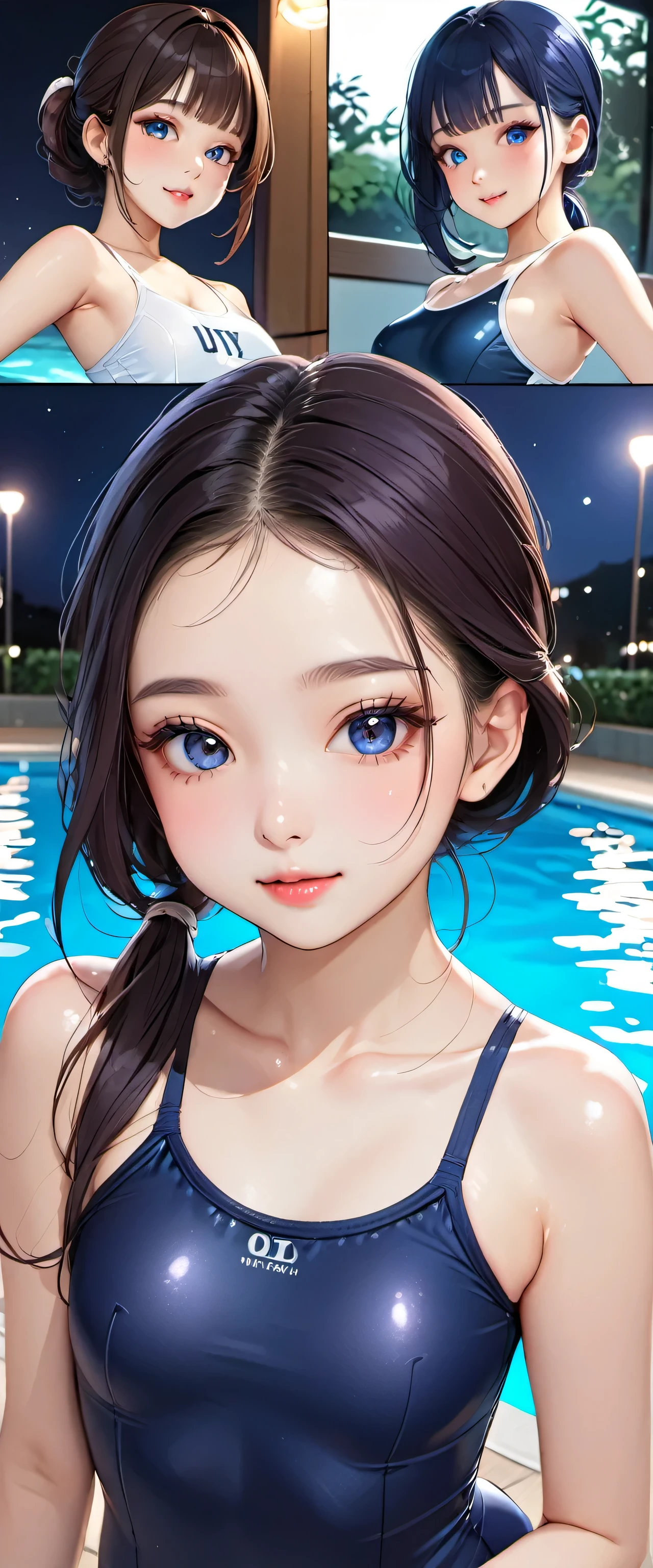 highest quality、Realistic、girl、Japanese、zoom、cute、Gray Eyes、Chestnut Hair、Long Ponytail、One piece swimsuit、Ocean、