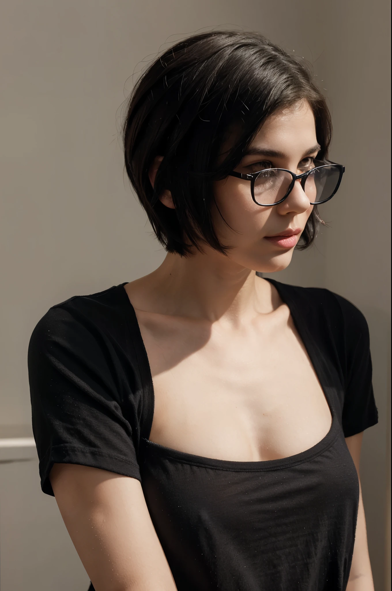 best quality, 1boy, solo, cartoon portrait , simple background, short hair, pink lips, black hair, black shirt, black glasses