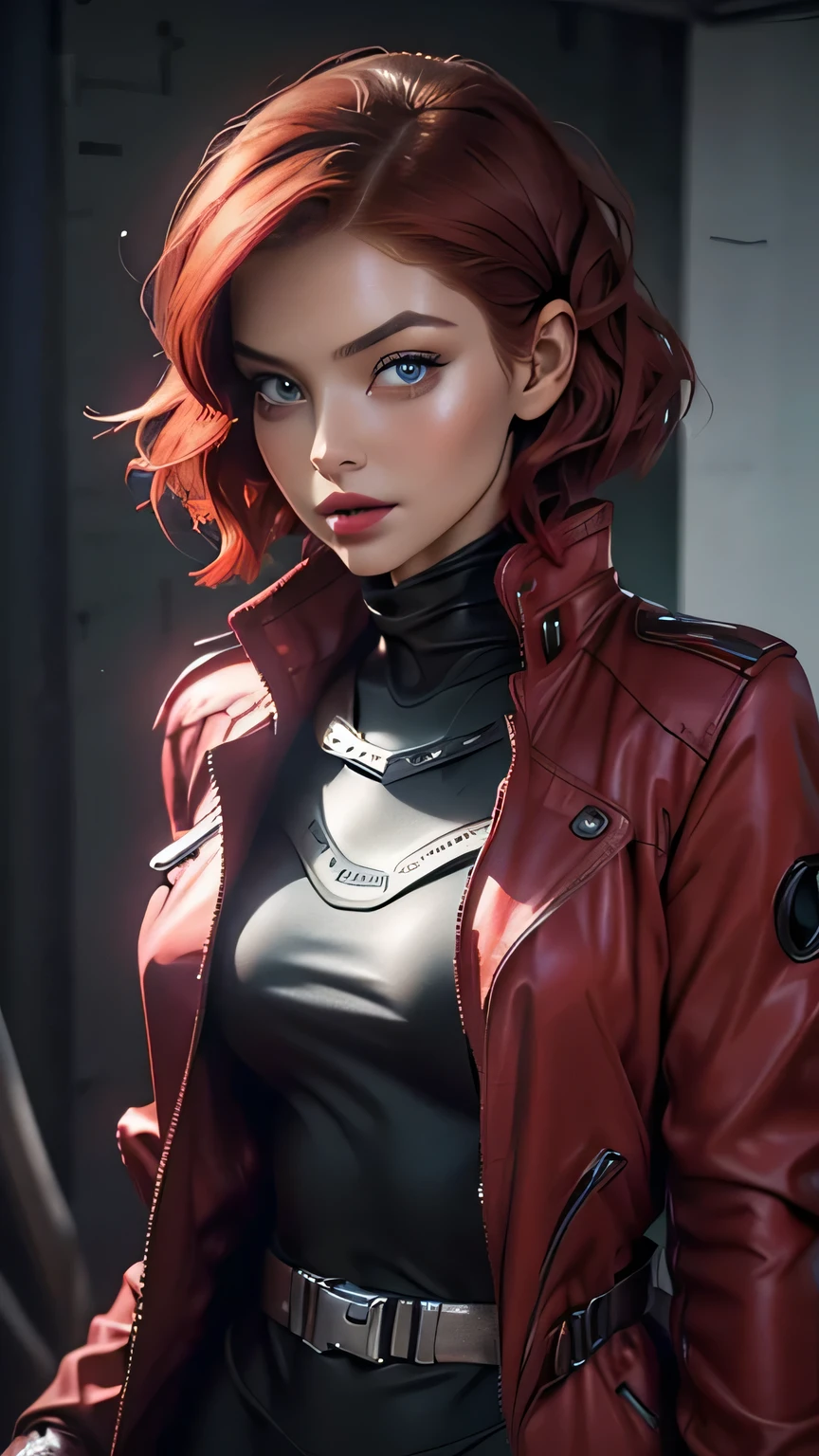 beautiful woman, masterpiece, best quality, ultra detailed, photo realistic, shiny eyes, detailed face, beautiful eyes, green eyes, detailed eyeshadows, red hair, french bob hairstyle, red lip, makeup, (attractive:1.5), sharp focus, puffy eyes, (short hair:1.2), tight sci-fi speerise suit with grey long coat open, full body, (beautiful:1.5)
