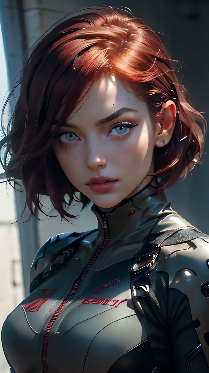 beautiful woman, masterpiece, best quality, ultra detailed, photo realistic, shiny eyes, detailed face, beautiful eyes, green eyes, detailed eyeshadows, red hair, french bob hairstyle, red lip, makeup, (attractive:1.5), sharp focus, puffy eyes, (short hair:1.2), tight sci-fi speerise suit with grey long coat open, full body, (beautiful:1.5)