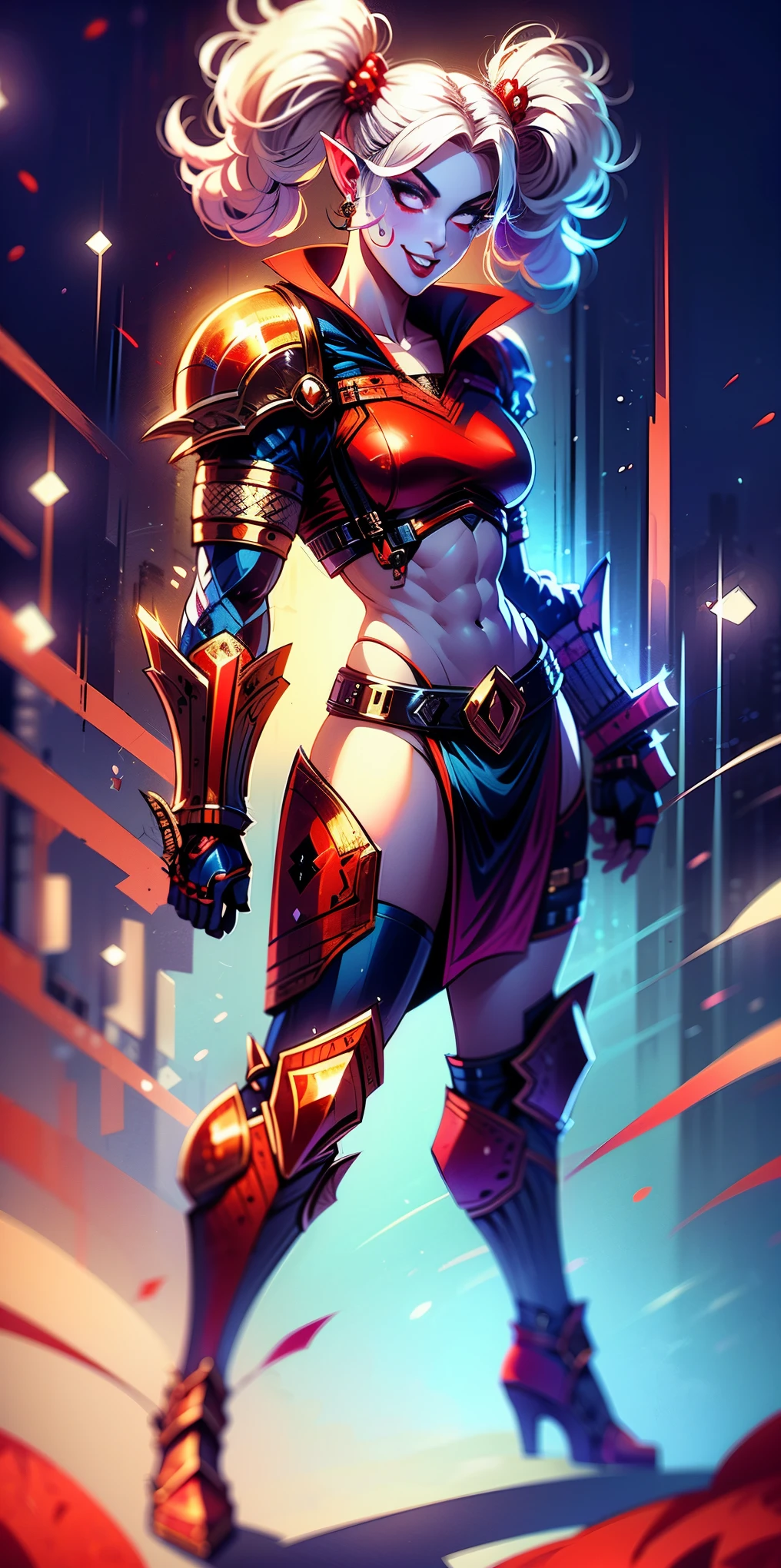 full body, def_effie, RED breastplate, RED skin, looking at viewer, shiny,armor, thighhighs, high boots,shoulder armor, faulds, poleyn, gloves, gauntlets, Rerebrace armored boots, pauldrons,(masterpiece, best quality, ultra-detailed, best shadow) yordle (1girl)( RED skin:1.2) pointy ears muscular lean platinum blonde long twin-tails hairstyle at the office lustful smirking smile face red blushed, blush, strong abs, female body builder, tiara, twin drills hair