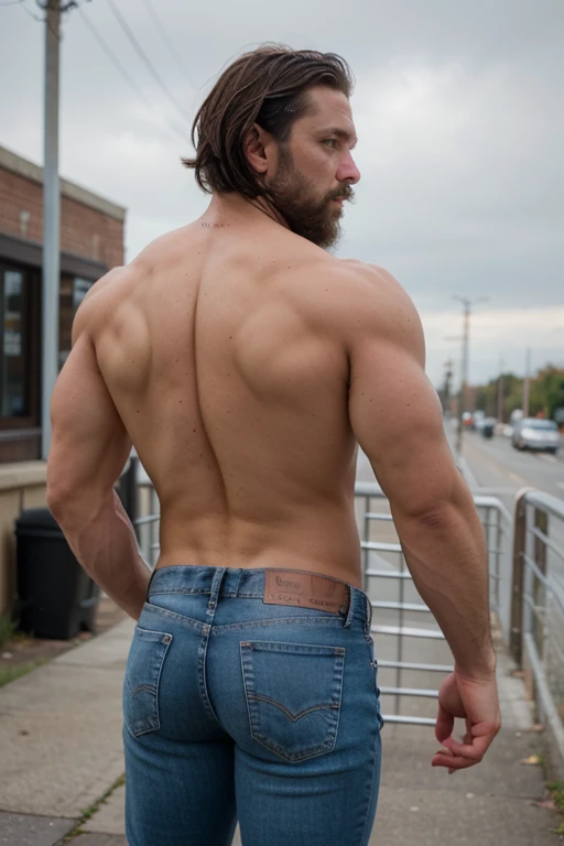 muscular manly man,beard, 35 years old, full length, naked light blue jeans  , backside