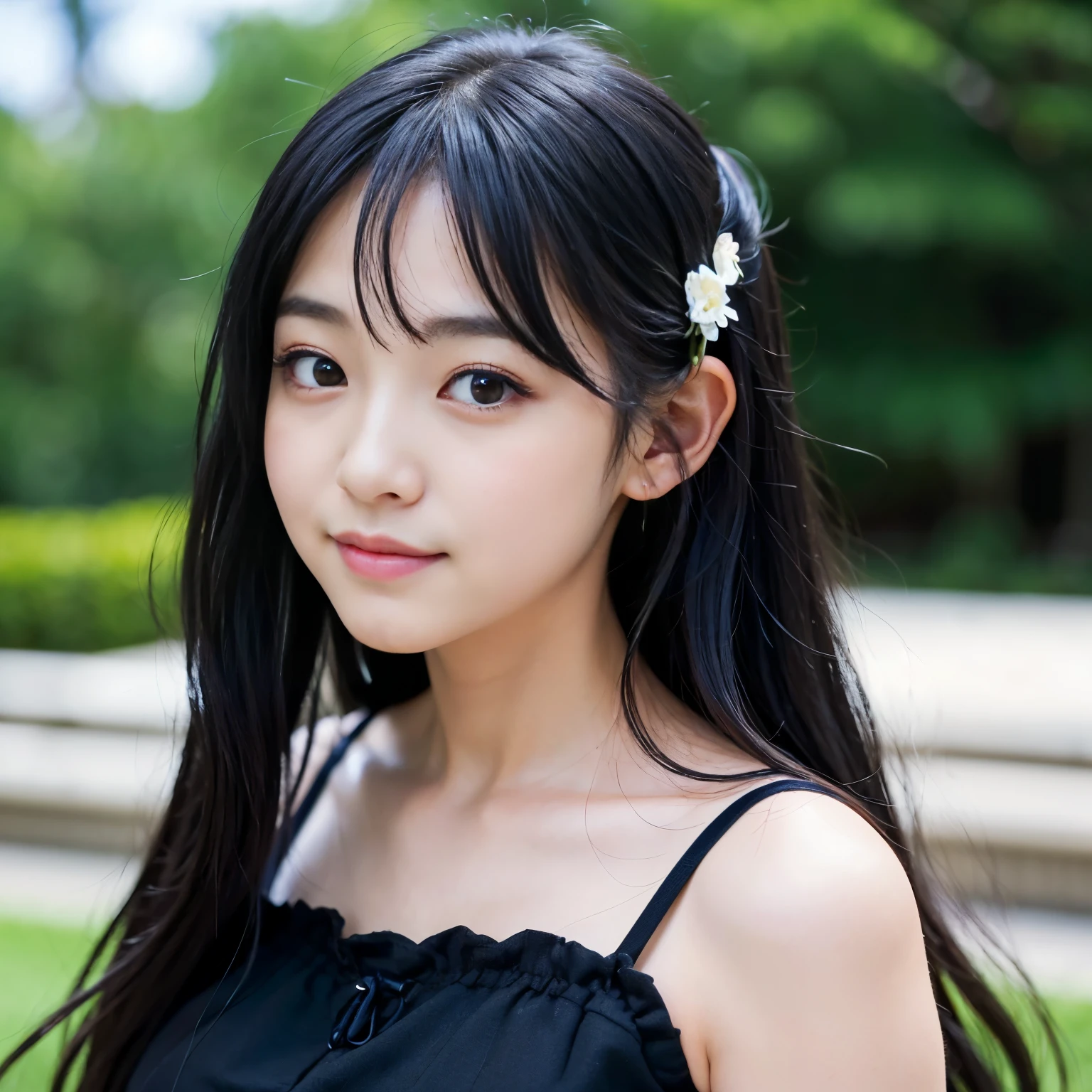 Best-quality, Masterpiece, Ultra-High-Resolution, (Photorealistic:1.9), Raw-Photo, Extremely-Details, Perfect-Anatomy, 64K, 1girl, solo, ((close-up of eyes):1.3), 12-years-old, the most popular Japanese idol, (wearing see-through dress with cute-design), looking at viewer, innocent-smile, ((extremely cute face like the most famous Japanese idol, ((extremely beautiful big-black-eyes)), extremely beautiful hair):1.3), extremely beautiful skins, extremely beautiful long-eyelashes, extremely beautiful lips
