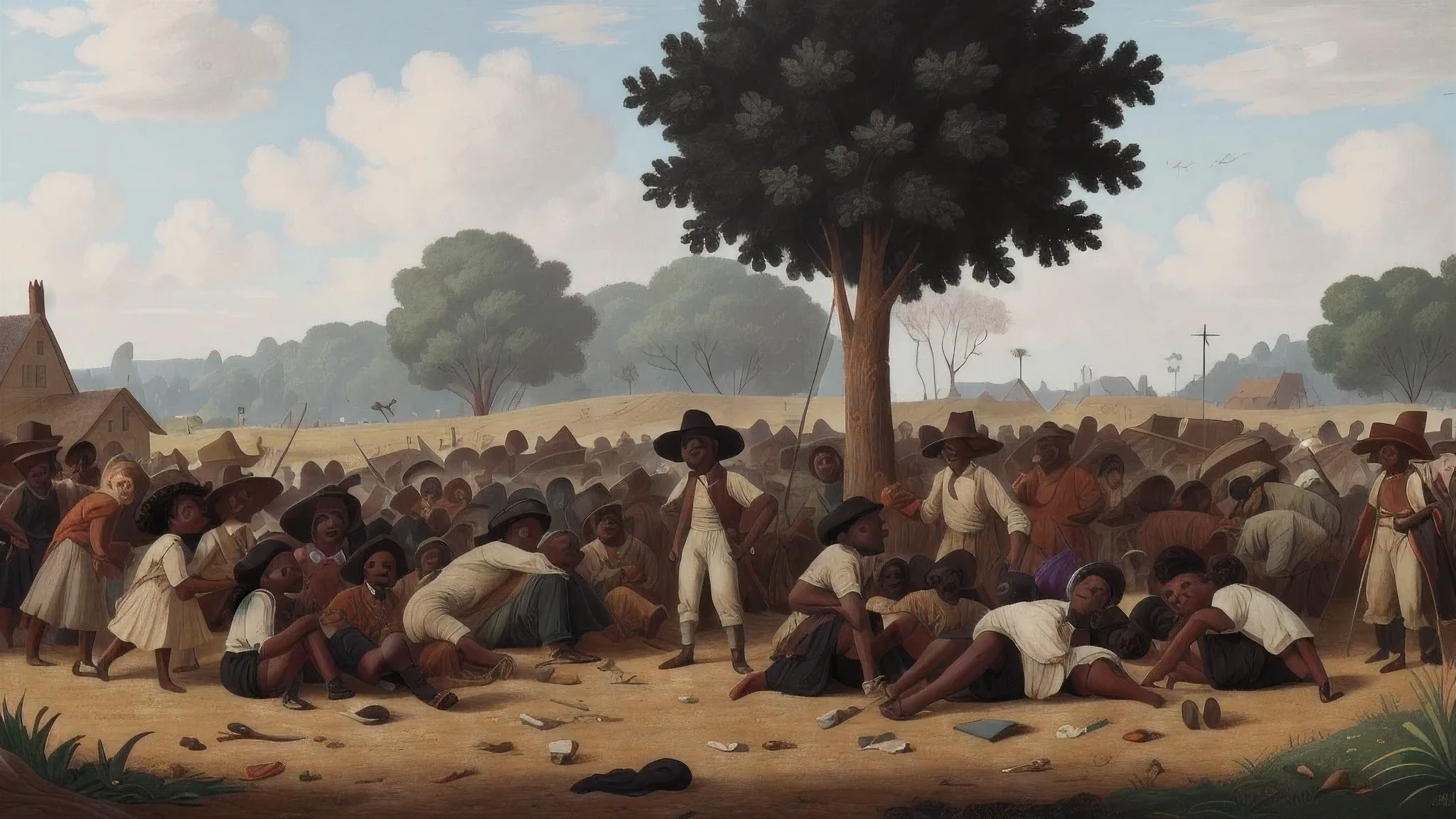 Picture of black people, Those who are slaves are ruled over by the British man who is white, they are forced to work in the fields and in factories. In background There are dead black people, many black people are protesting, this is a battle of the 18th century, the quality of the picture should be 8k, black and white people are against each other. 