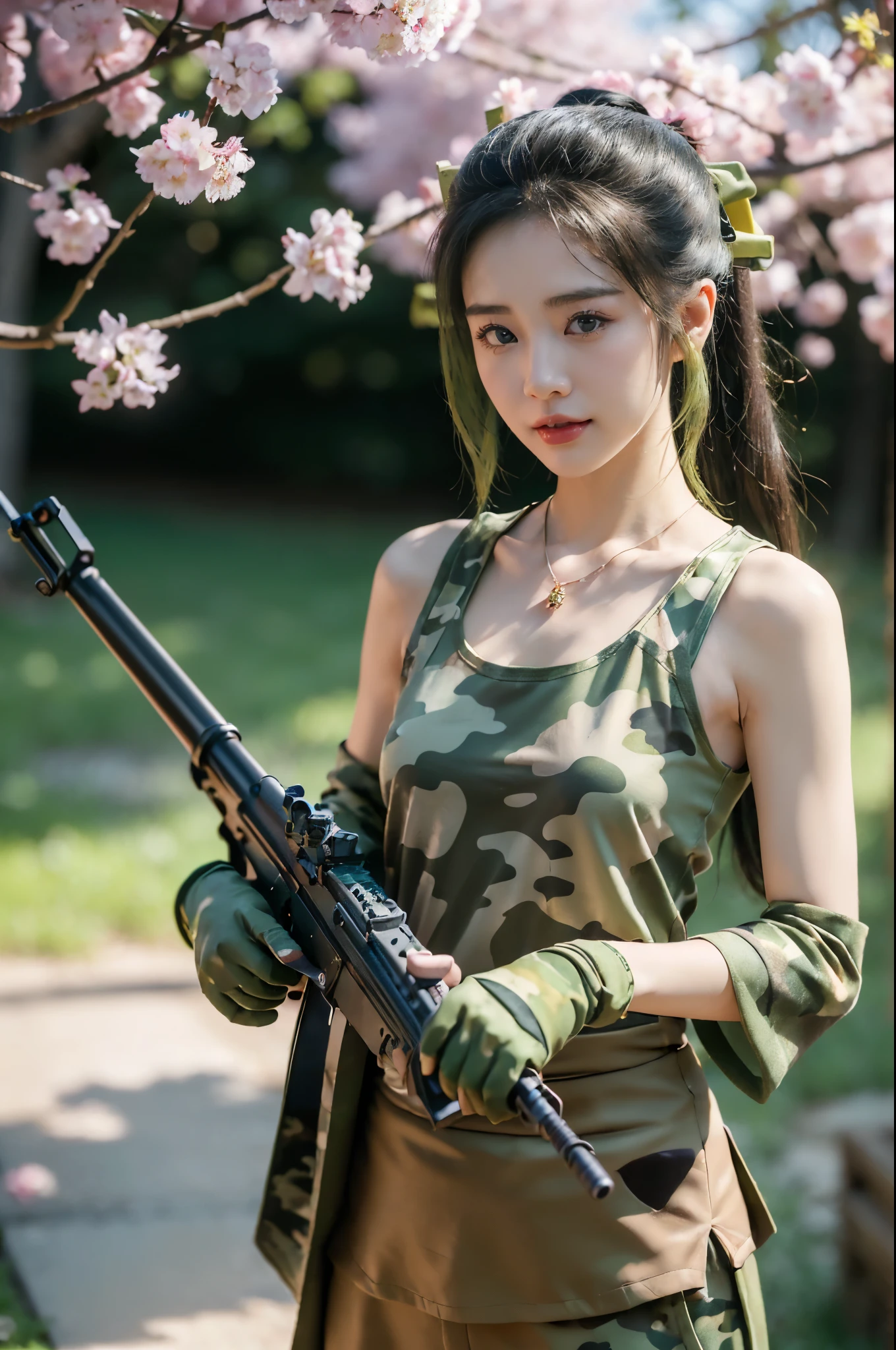 ((((8k))),((Extremely meticulous CG)) ,(wallpaper),16k,((Extremely refined and beautiful)),(((Masterpiece))),(((best qualtiy))),(((Ultra High Resolution))),beautiful light up,Perfect lightning,realistic shaded,((high resolution)),(Smooth and flawless fair skin:1.5),(pale skin:1.3),(Extremely exquisite facial details:1.2),(perfect body:1.1),(ultra-detailed),((A beautiful girl,solo)),(small head:1.2),(short ponytail:1.3),(small face:1.2),(baby face:1.3),(Exquisite makeup:1.2),(necklace:1.2),(small breasts:1.2),(flat chests:1.2),((slim,thin)),(laughing:1.2),(happy:1.2),(day scene:1.3),(bright sunshine:1.3),(outdoor:1.2),(early spring:1.3),(on the mountain:1.3),(detailed background:1.5),(standing:1.3),(full body:1.3),(from front:1.2),arafed girl,(holding a submachine gun:1.5),(Green camouflage hanfu tank top:1.5),(gloves:1.5),(pants:1.2),assault rifle,bokeh,bullpup,cherry blossoms,depth of field,finger on trigger,kalashnikov rifle,looking at viewer,motion blur,object namesake,pink flower,red lips,ribbon,rifle,scopeshotgun,shrine,submachine gun,suppressor,trigger discipline,tight sleeves