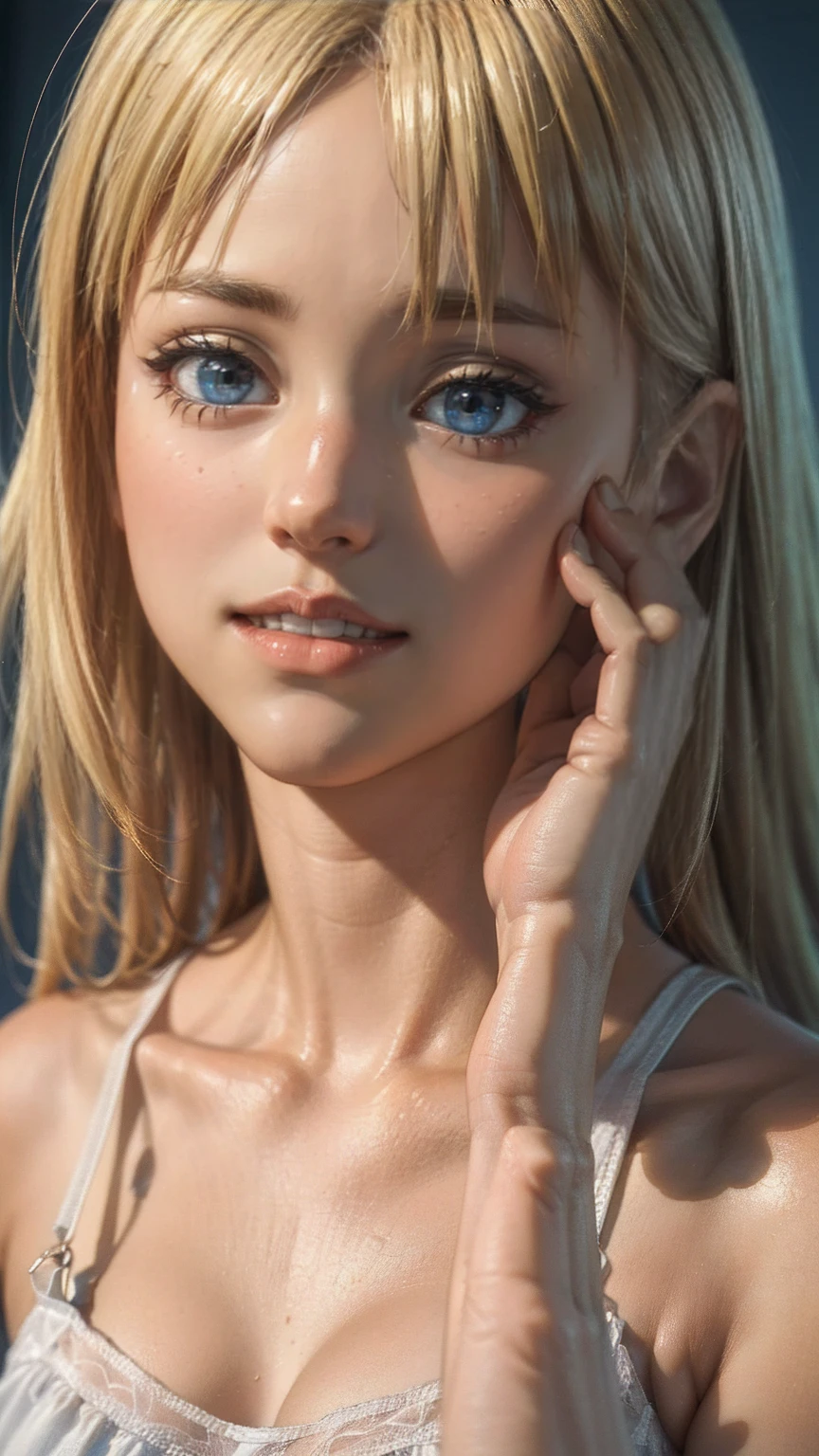 ((最high quality, 8K, masterpiece: 1.3, Ultra HD, high quality, 最high quality, High resolution, realism)) 、25 year old white woman、platinum blonde、blue eyes、long hair、hair above one eye、smile、slender、A soft and plump feminine body、I don't want my head to disappear from the screen.、Accessorize your wrist、Wearing red nail polish、I have a peticure、(high color saturation:1.0), (highly detailed skin), (最high quality:1.0), (超High resolution:1.0) ,(realistic:1.0), (Super detailed:1.0), (8K, Raw photo:1.1),