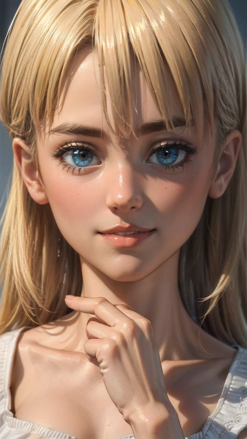 ((最high quality, 8K, masterpiece: 1.3, Ultra HD, high quality, 最high quality, High resolution, realism)) 、25 year old white woman、platinum blonde、blue eyes、long hair、hair above one eye、smile、slender、A soft and plump feminine body、I don't want my head to disappear from the screen.、Accessorize your wrist、Wearing red nail polish、I have a peticure、(high color saturation:1.0), (highly detailed skin), (最high quality:1.0), (超High resolution:1.0) ,(realistic:1.0), (Super detailed:1.0), (8K, Raw photo:1.1),