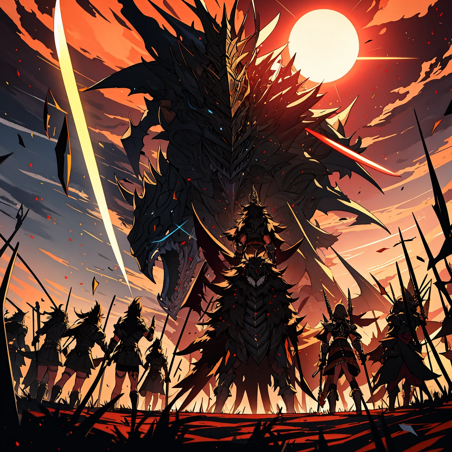 A large black knight-like monster,I can only see my back,Many Chimi Mouryou,swarm of monsters,Lots of magic circles,swords flying,Glowing flash,Dark world,disaster々new battle,decisive battle of fate,short hair,Desperate battle,There are many monsters,many skeletons scattered on the ground,the end,the end of the world