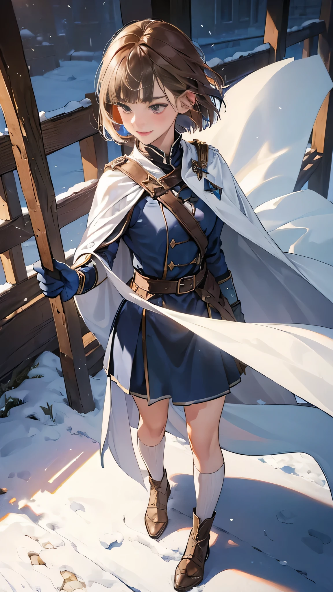 (((((girl))))), masterpiece, ultra detailed, 8K Portrait, Raw photo, woman's portrait photography, full body, Highly detailed face, mischievous childish smile, blush, ((Fantasy)), (((hobbit))), ((Adult)), 45 years old, 110cm, (((ALCHEMIST))), ((tanned skin)), (((olive brown short bob hair))), (((blunt bangs))), hair ornament, (((white silk long cloak))) Fluttering in the wind, (high school dark blue uniform:1.5), long skirt, leather gloves, Midday sun, Hyper realistic, Slender body, by the snowy castle, Ambient lighting, Shadow details, Camera focus on face, strong breeze, Light fog