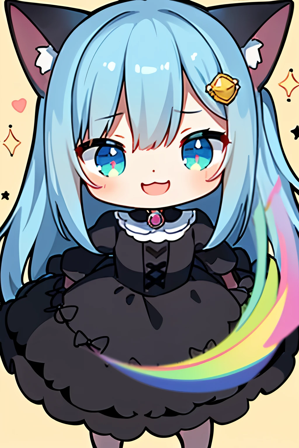 chibi, full body, (big head:1.5), super deformed, furry, personified, best quality, super fine, 16k, incredibly absurdres, extremely detailed, black cat beast-girl, looks very happy wearing cute frilly dress, cute pose, fantasy world image, variety of visual styles that combine various artistic elements like a sparkling iridescent pastel and vivid colors