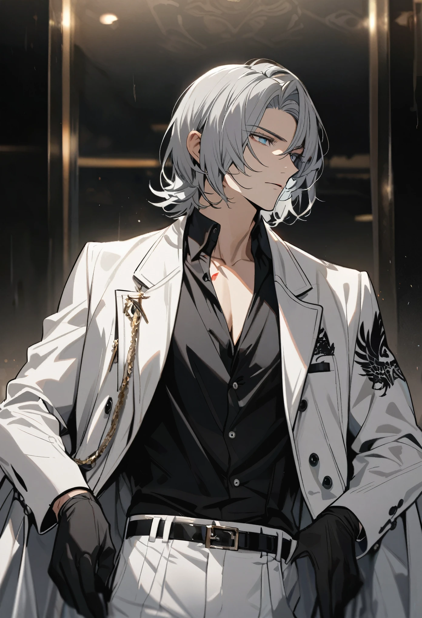 Handsome, solo, male, mafia, black shirt, white pant, black gloves, white coat, medium hair, hush cut hairstyle, gray hair, light blue eyes, eagle tattoo on right clavicle