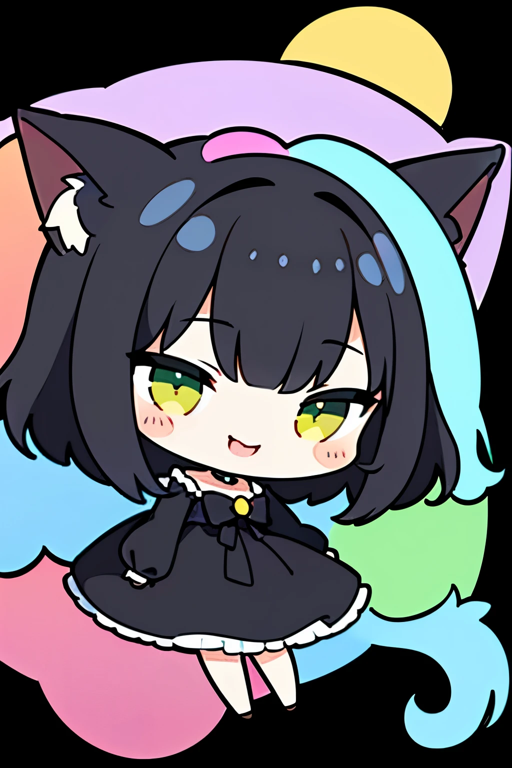 chibi, full body, (big head:1.5), super deformed, furry, personified, best quality, super fine, 16k, incredibly absurdres, extremely detailed, black cat beast-girl, looks very happy wearing cute frilly dress, cute pose, fantasy world image, variety of visual styles that combine various artistic elements like a sparkling iridescent pastel and vivid colors