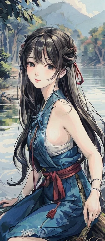 anime girl sitting on a log by the water, beautiful character drawings, very detailed fan art, beautiful anime portrait, artwork in the style of Gweiz, Drawn at Anime Painter Studio, digital anime illustration, Detailed portrait of anime girl, detailed digital anime art, Gweiz, clean detailed anime art, Alice x. open, beautiful anime girl, beautiful anime artwork