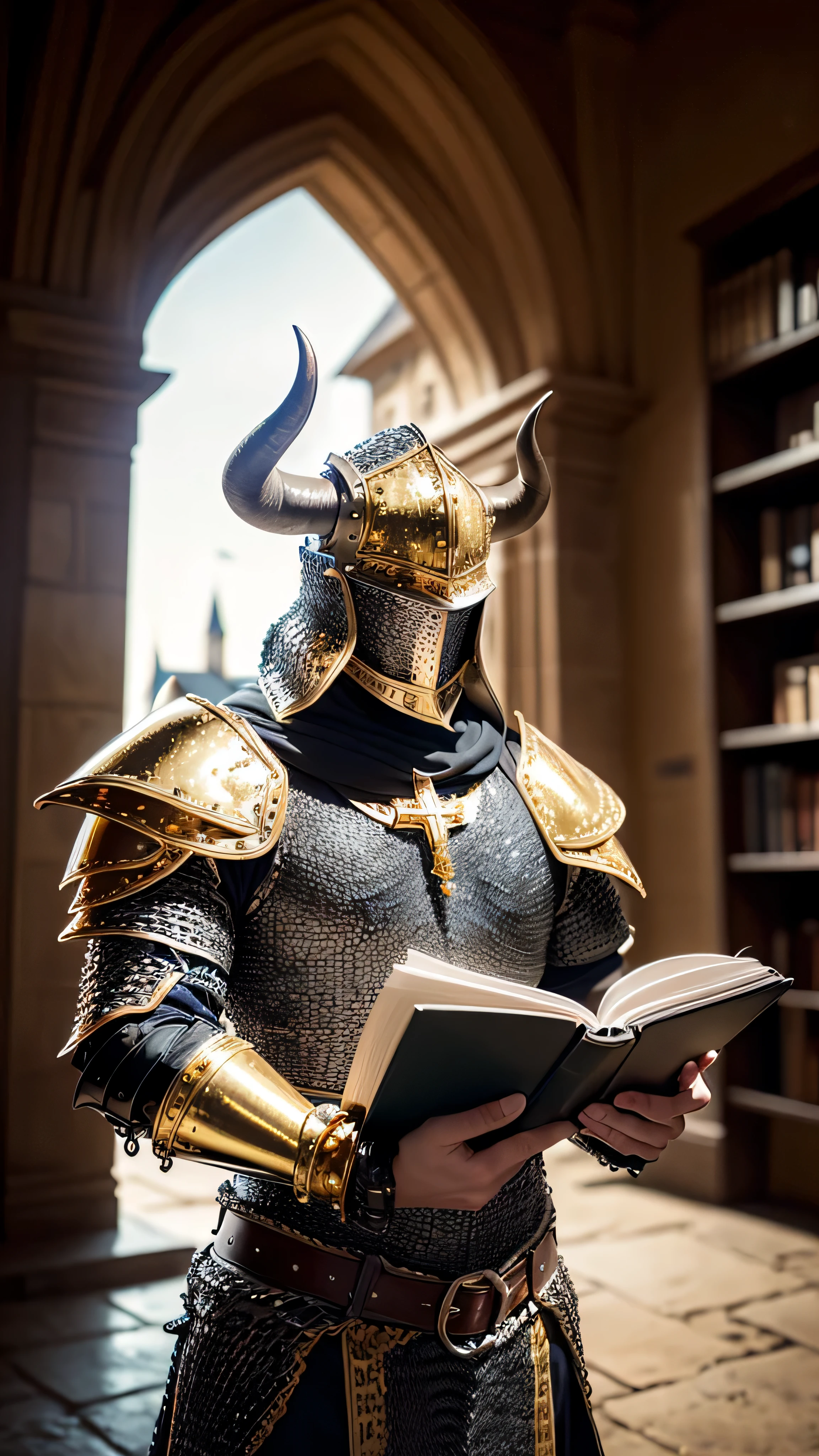 (masterpiece), (extremely intricate:1.3), (realistic), ((minotaur, ((lacquered gold black medieval armor, perfectchainmail, holding book, portrait, leaning forward, arms overhead)))), dynamic pose, sharp focus, dramatic, award winning, cinematic lighting, volumetrics dtx, (film grain, blurry background, blurry foreground, bokeh, depth of field, sunset, interaction, castle in the distance