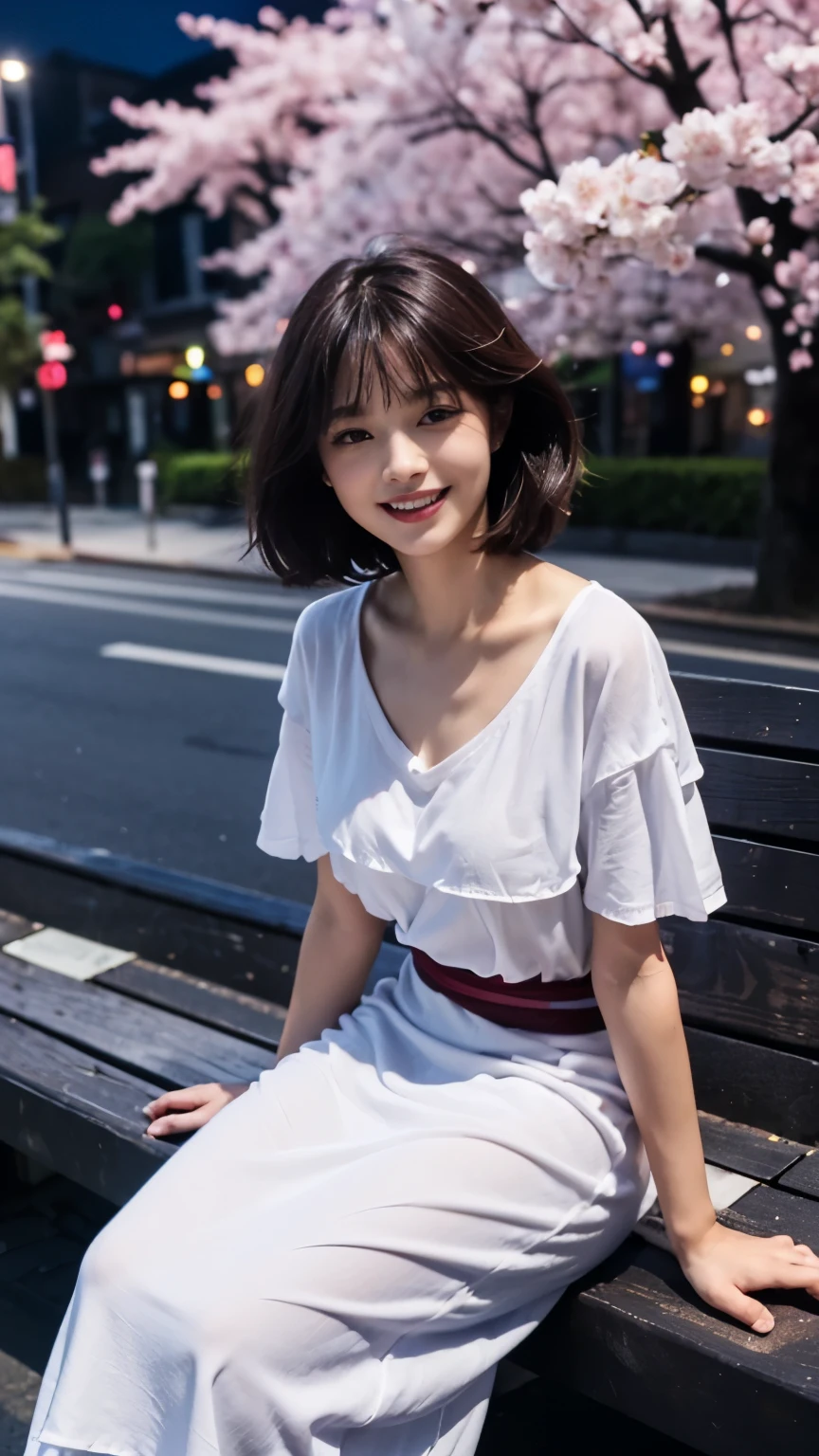 ((best quality, 8 thousand, masterpiece:1.3)), Concentrate upon: 1.2, bee waist, perfect body beauty:1.4, ((layered haircut:1.2)), Highly detailed face and skin texture, White skin, whole body, see it, the gap is big., big bust, Volume, laugh, beautiful teeth, (반팔 long dress t-shirt:1.3), sagging breasts, big bust, (dark night with no one), (dark cherry blossom street:1.3), (sit down), (alone:1.2), long dress t-shirt, (V-neck),