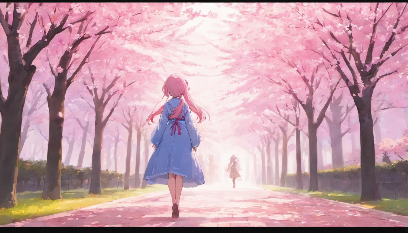 (white background:1.4),(Cherry blossom tree-lined path,Silhouette of one girl, close your eyes, colorful long hair, ),( reasonable design, clear lines, High sharpness,highest quality, very detailed, masterpiece, movie lighting effects, 4k )pure white background,No expression,cold eyes,Cherry Blossom,Scenic center,gray hair