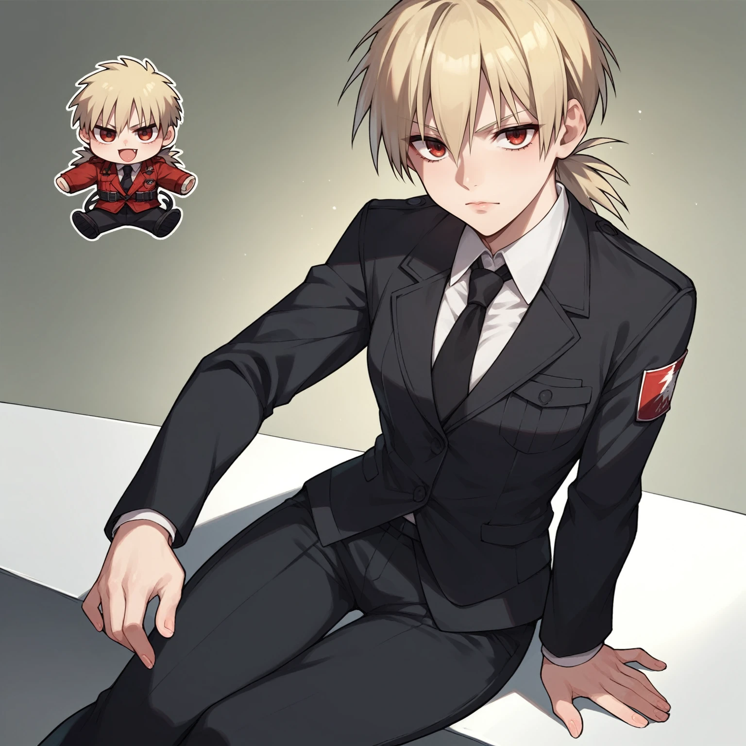 score_9, score_8_up, score_7_up, source_anime, solo, 1girl, hellsing, formal, suit, black jacket, black necktie, long sleeves, black pants, fumo \(doll\), chibi, sitting