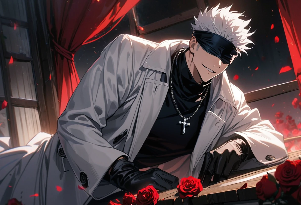 4k, very detailed, hd, Gojou Satoru, white hair, blindfolded eyes, Jujutsu Kaisen, handsome, 1 man only, dressed in a loose black and white coat, black leather gloves, a silver crucifix necklace, window, red curtains, moon, petals, roses, smirking,