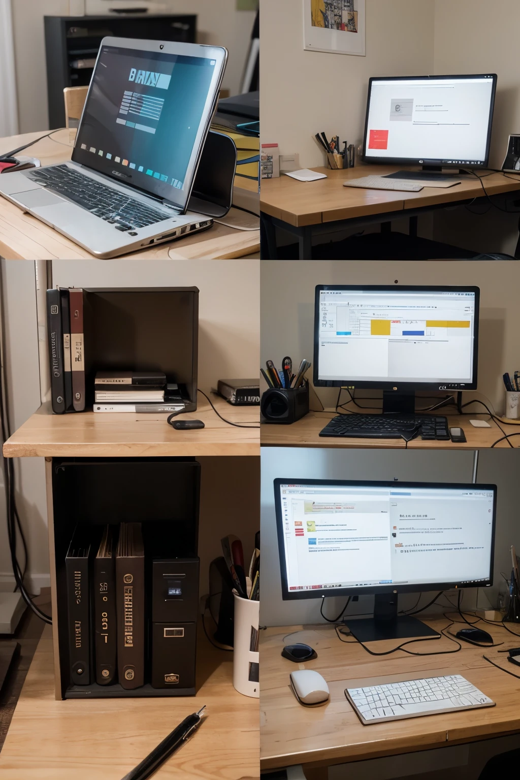 Help me create a schematic diagram of a workstation. The upper and lower half are red and the other half are white.，Workstation height 132 cm，Width 154cm，154cm long，There are two monitors on the left，a landline phone，a bookend，a stapler，an experiment notebook，A four-position file rack（With pen holder），a double folder
