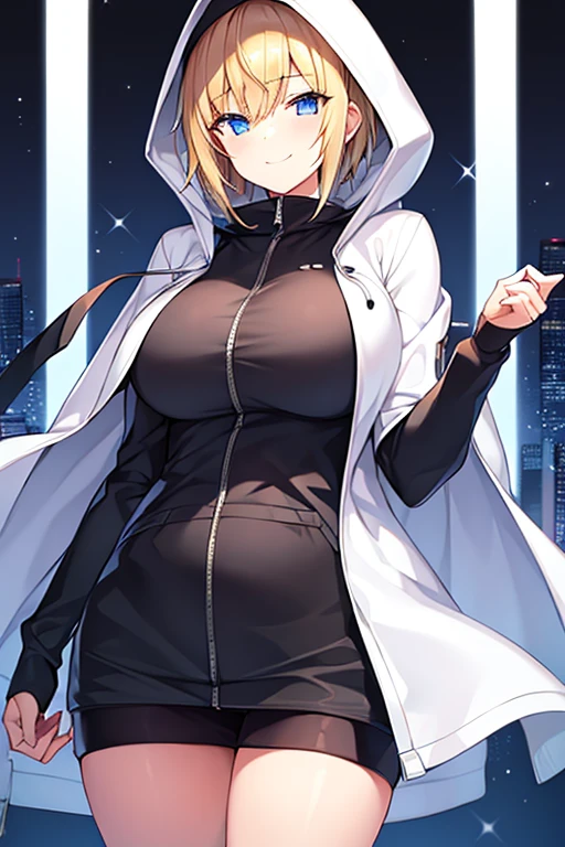 1girl, hood, jacket, hooded jacket, hood on, hood up, blonde hair, large breasts, breasts, white jacket, black shirt, shirt, very short hair, pants, black pants, smile, toned, toned female, urban, mature female, tall, tall female