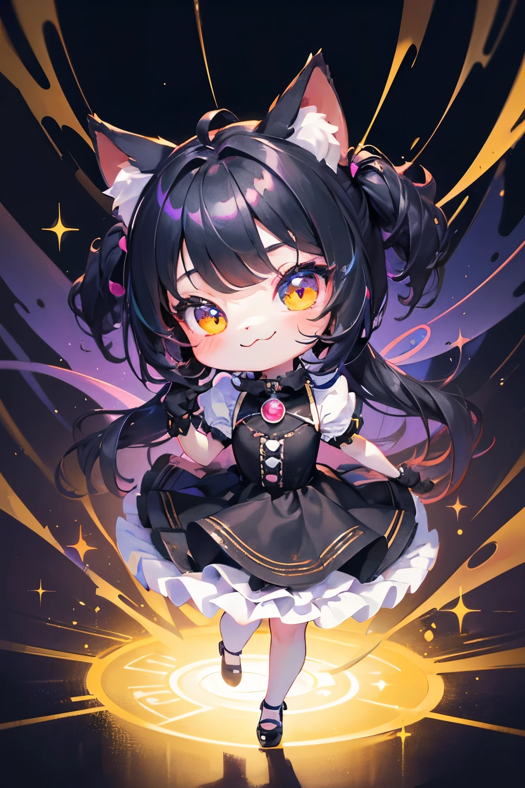 chibi, full body, (big head:1.5), super deformed, furry, personified, best quality, super fine, 16k, incredibly absurdres, extremely detailed, black cat beast-girl, looks very happy wearing cute frilly dress, cute pose, fantasy world image, variety of visual styles that combine various artistic elements like a sparkling iridescent pastel and vivid colors