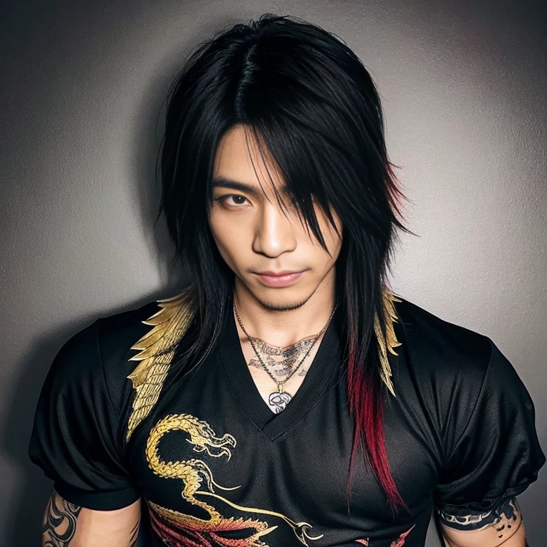 1 man, Japanese man, male, Asian eyes, muscular, broad shoulders, dragon tattoos, hairstyle Visual Kei style, hair Visual Kei, black men's shirt and black pants, ultra detailed face, hyperrealistic, realistic representation, long hair, long hair, 30 years old, age 30 years, blond, blonde hair
