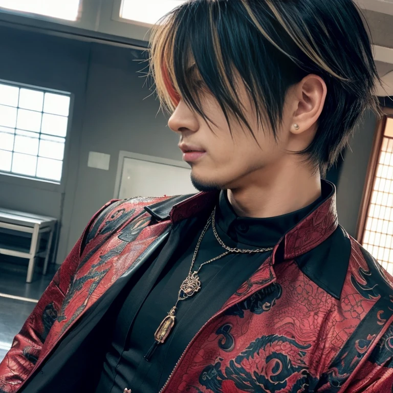 1 man, Japanese man, male, Asian eyes, muscular, broad shoulders, dragon tattoos, hairstyle Visual Kei style, hair Visual Kei, black men's shirt and black pants, ultra detailed face, hyperrealistic, realistic representation, long hair, long hair, 30 years old, age 30 years, blond, blonde hair