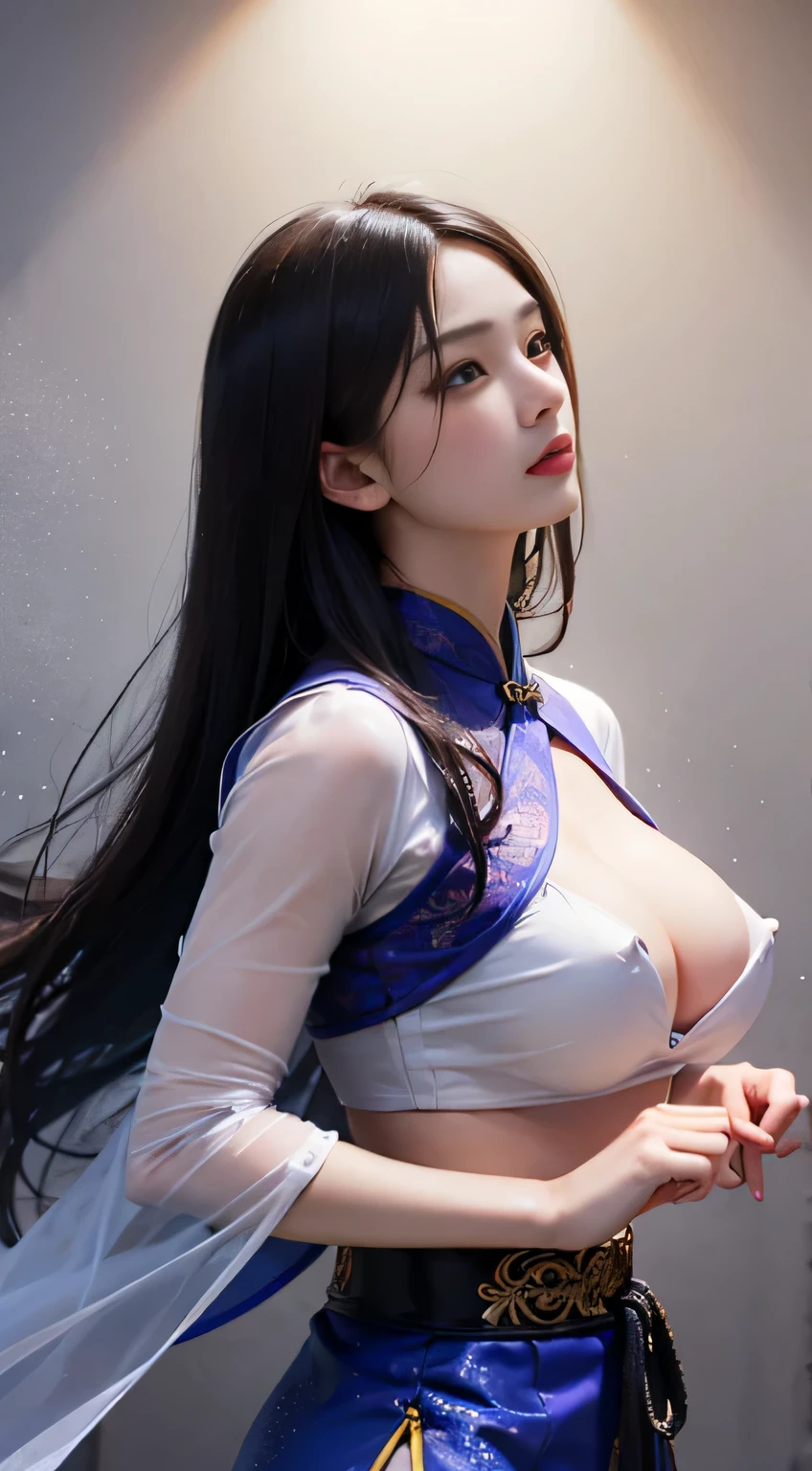 handsome chinese girl, clear eyes, clear facial features, wearing Hanfu, fighting stance, Martial arts moves, A body wrapped in purple mist, motion blur, game light effects, edge light, soft light, movie edge light, delicate light, masterpiece, Super detailed, magnificent composition, highest quality、best image quality、masterpiece、erect nipples、 (((See-through)))、elaborate design、visual art、Depth of the bounds written、