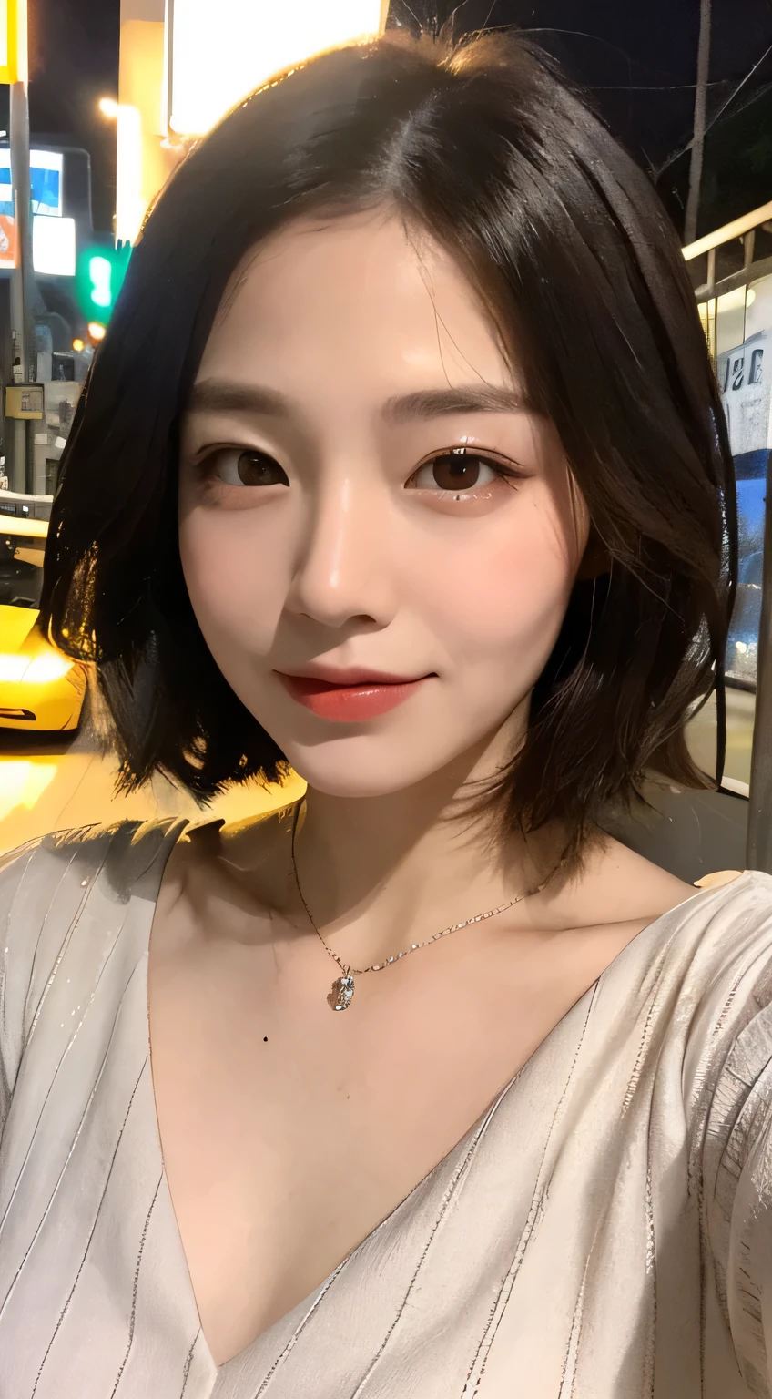 ((highest quality、masterpiece:1.3))、sharpen focus:1.2、(real、realistic:1.37)、perfect beautiful woman、Highly detailed face and skin texture、Fine eyes and double eyelids、small smile、short cut hair、bust becomes smaller、small necklace、Light colored cotton summer dress、street at night、Traffic jam、