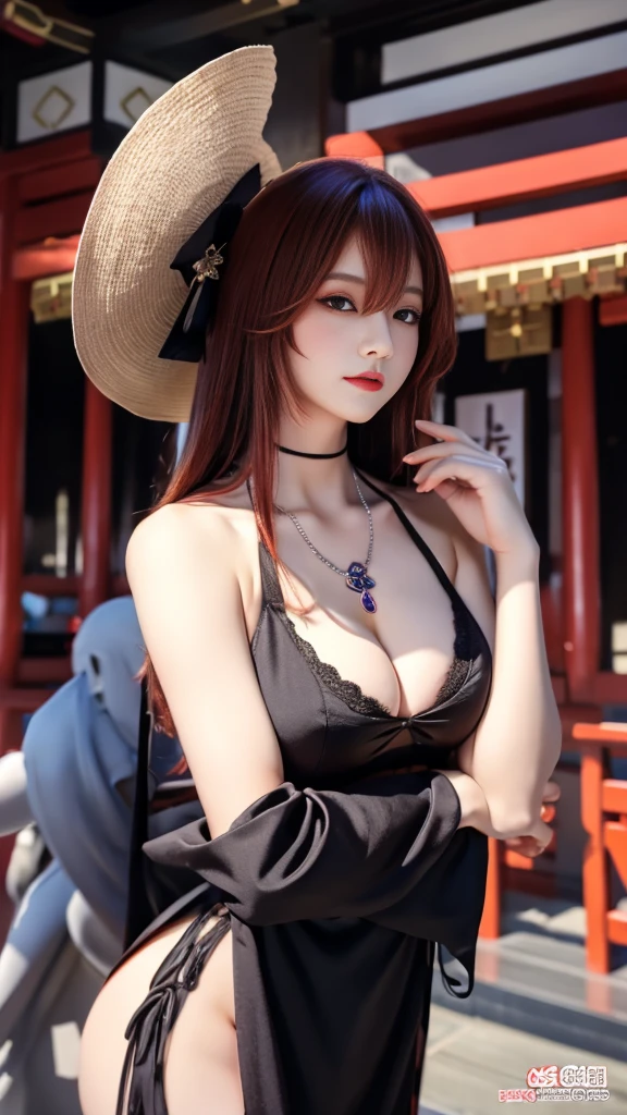 araffe dressed in a black dress and a large hat, japanese goddess, sexy dress, giant stunning goddess shot, seductive anime girl, photorealistic perfect body, gorgeous chinese model, beautiful alluring anime woman, very sexy outfit, cleavage, trending at cgstation, korean girl, sexy girl, beautiful asian girl, hyperrealistic full figure, statue of a perfect woman