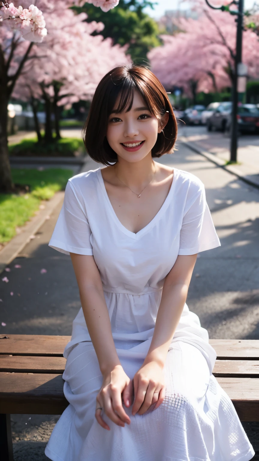 ((best quality, 8 thousand, masterpiece:1.3)), Concentrate upon: 1.2, bee waist, perfect body beauty:1.4, ((layered haircut:1.2)), Highly detailed face and skin texture, White skin, whole body, see it, the gap is big., big bust, Volume, laugh, beautiful teeth, (반팔 long dress t-shirt:1.3), sagging breasts, big bust, (dark night with no one), (dark cherry blossom street:1.3), (sit down), (alone:1.2), long dress t-shirt, (V-neck),