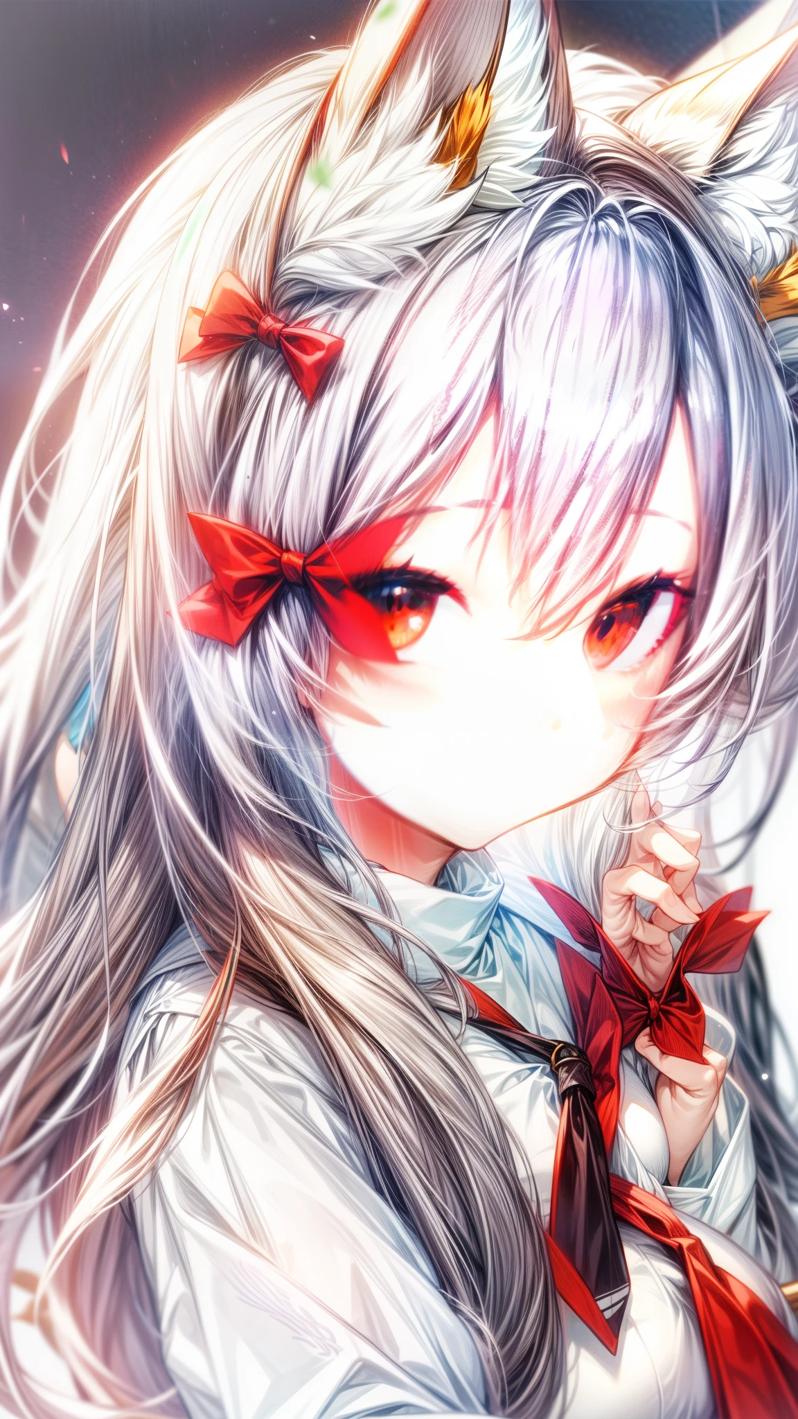 ,grey hair, long hair, twintails, bangs, hair between eyes, animal ears, fox ears, animal ear fluff, red eyes, tail, fox tail, virtual youtuber,grey hair, long hair, twintails, bangs, hair between eyes, animal ears, fox ears, animal ear fluff, red eyes, tail, fox tail, virtual youtuber, shirt, white shirt, long sleeves, sleeves past wrists, bow, hair bow, red bow, ribbon, skirt, pleated skirt, black skirt,milfication, mature female, gigantic breasts,close-up 