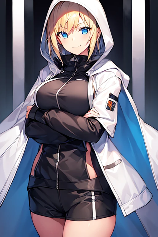 1girl, hood, jacket, hooded jacket, hood on, hood up, blonde hair, large breasts, breasts, white jacket, black shirt, shirt, very short hair, pants, black pants, smile, toned, toned female, urban, mature female, tall, tall female
