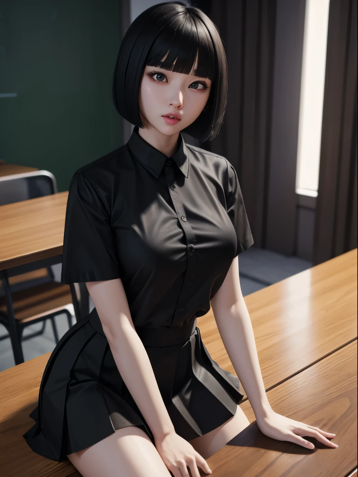 drunk、cross-eyed、Ahegao、black shirt、pleated skirt、bob cut、8K high quality、Super realistic details、table top、3D rendering、detailed body、detailed hands、highest quality、best style、bright light、blur the background、student