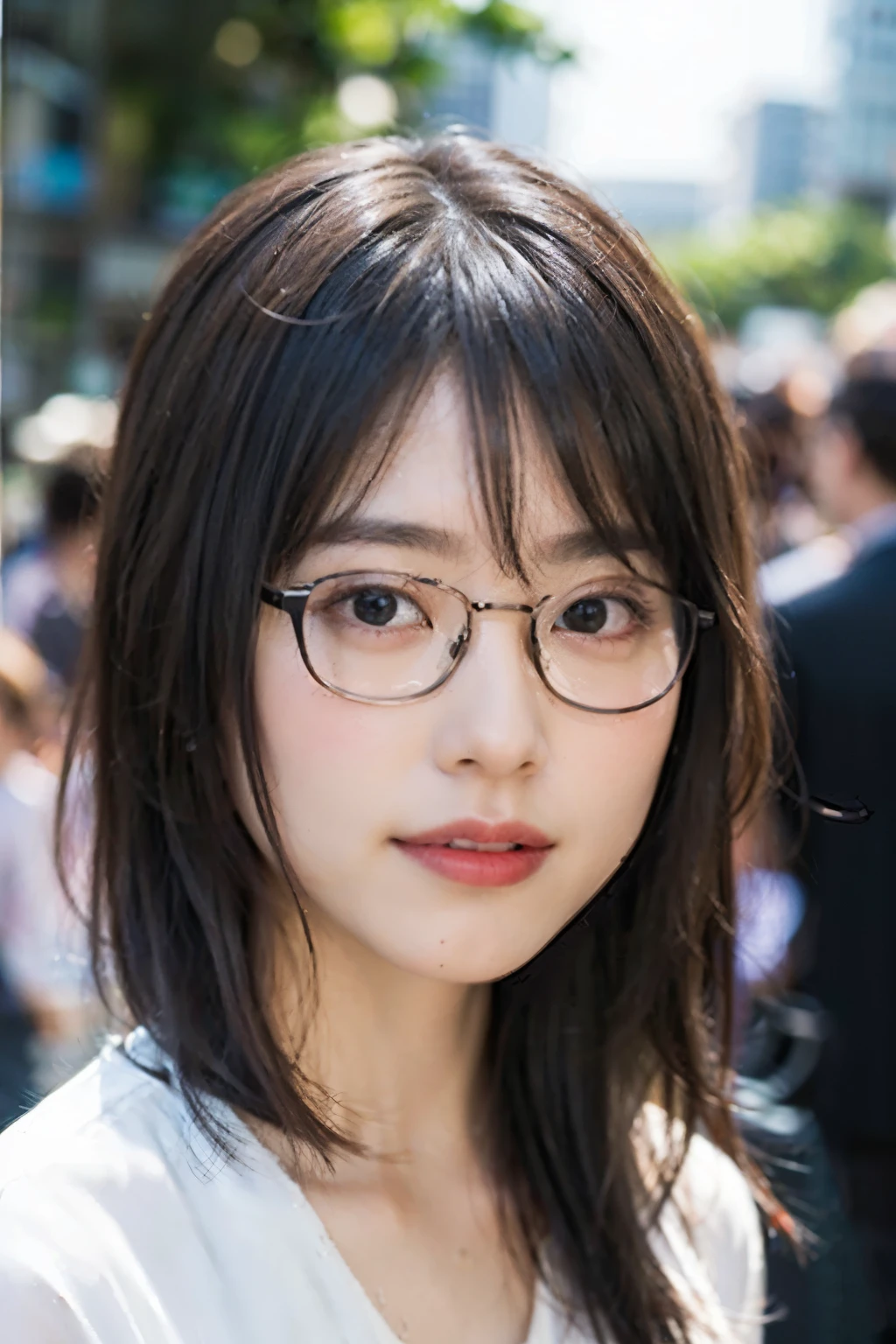 (8K、RAW photo、highest quality、masterpiece:1.2)、(realistic、Photoreal:1.37)、super detailed、超A high resolution、1 girl、see the beholder、beautiful and detailed face、laughter、narrow、(slim waist) :1.3)、((white blouse clothes))、Beautiful and smooth skin、skin texture、floating hair、((tied one's hair together))、professional lighting、In front of the station at noon、((Black square glasses))、human body as a whole、brown hair