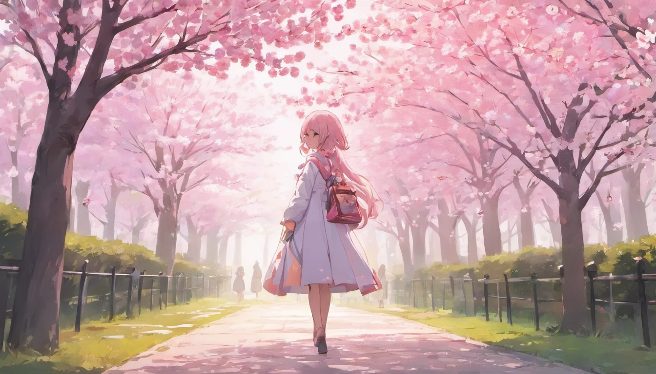 (white background:1.4),(Cherry blossom tree-lined path,silhouette, close your eyes, colorful long hair, ),( reasonable design, clear lines, High sharpness,highest quality, very detailed, masterpiece, movie lighting effects, 4k )pure white background,No expression,cold eyes,Cherry Blossom,Scenic center,gray hair,Cherry tree